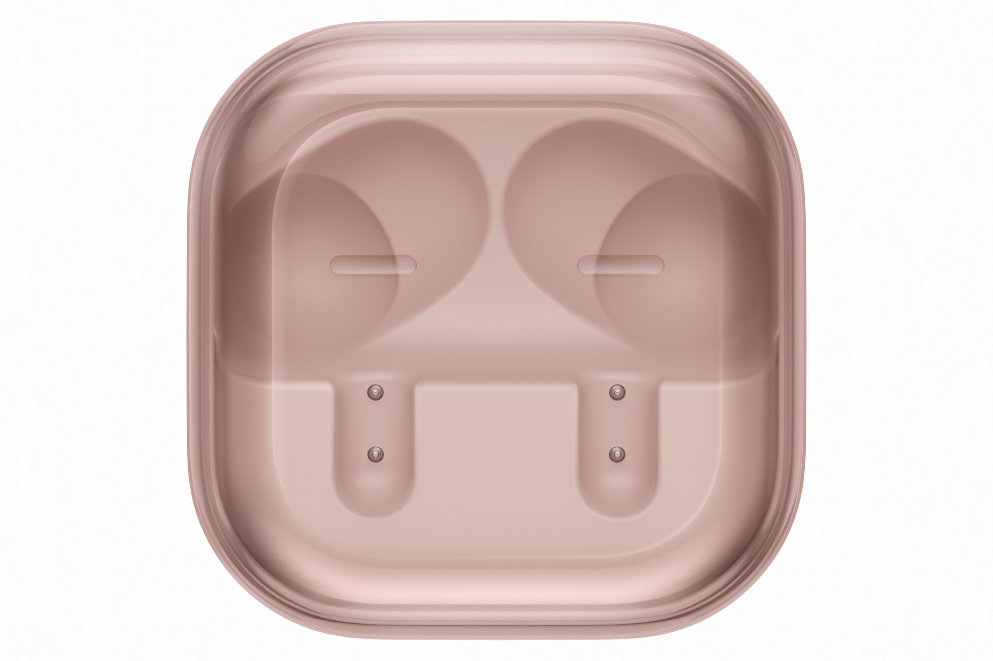 Zamknięte, różowo-złote etui ładujące do słuchawek, z wgłębieniami.