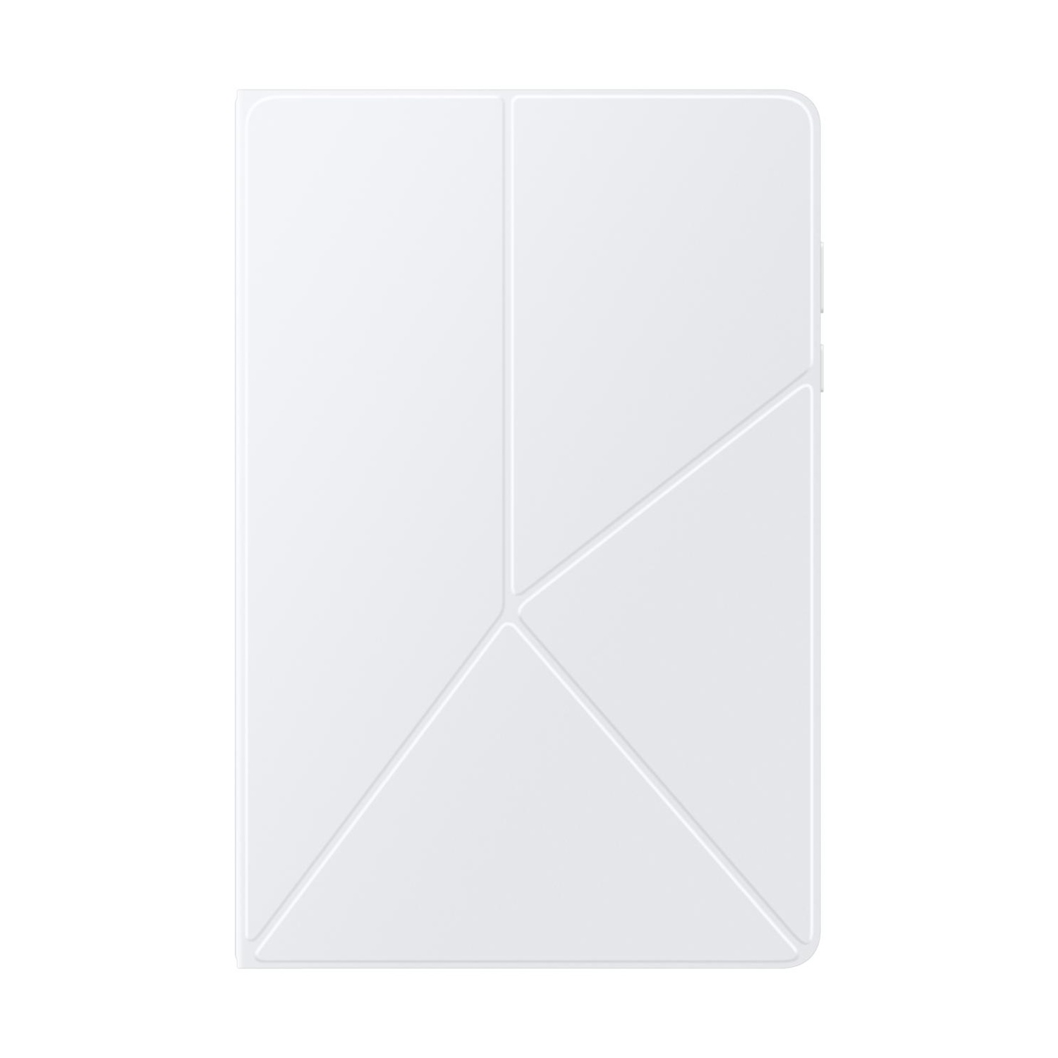 Custodia bianca per tablet con design a pieghe geometriche, vista frontale.