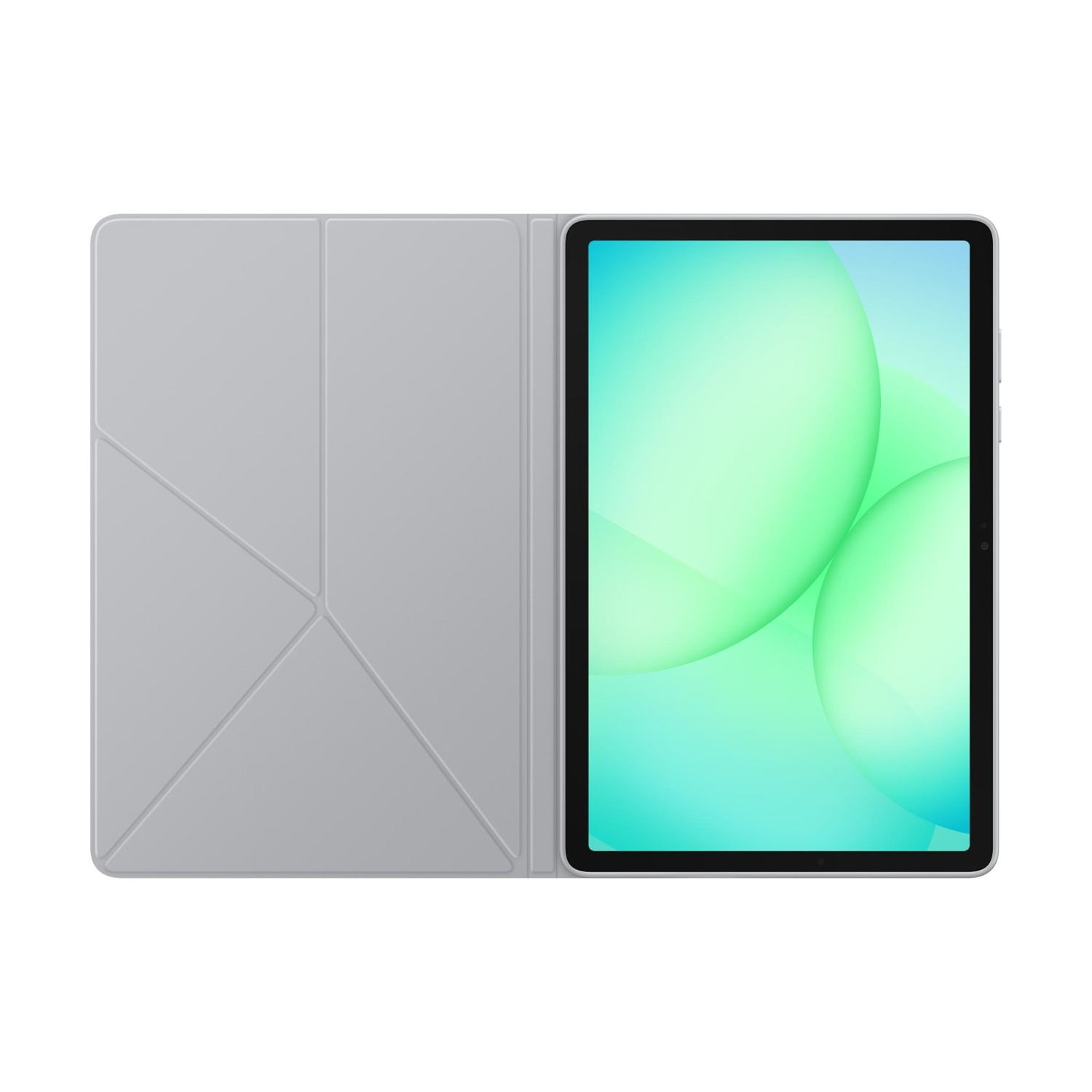 Un tablet con custodia protettiva grigia, aperto per mostrare lo schermo.