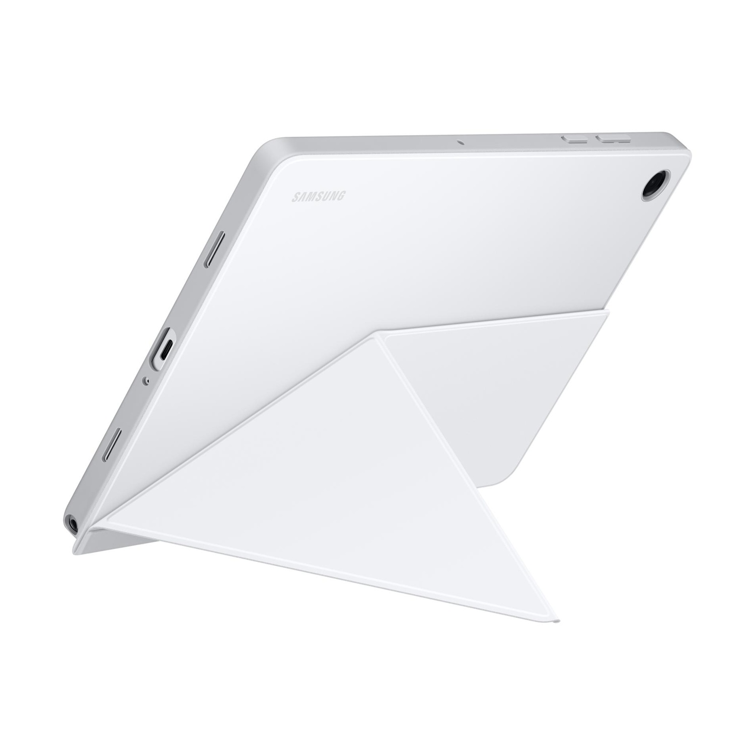 Un tablet Samsung bianco con una cover bianca che funge da supporto.