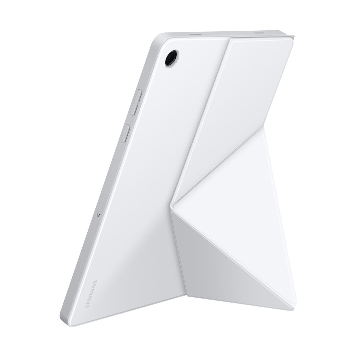 Un tablet bianco con una cover pieghevole che funge da supporto.