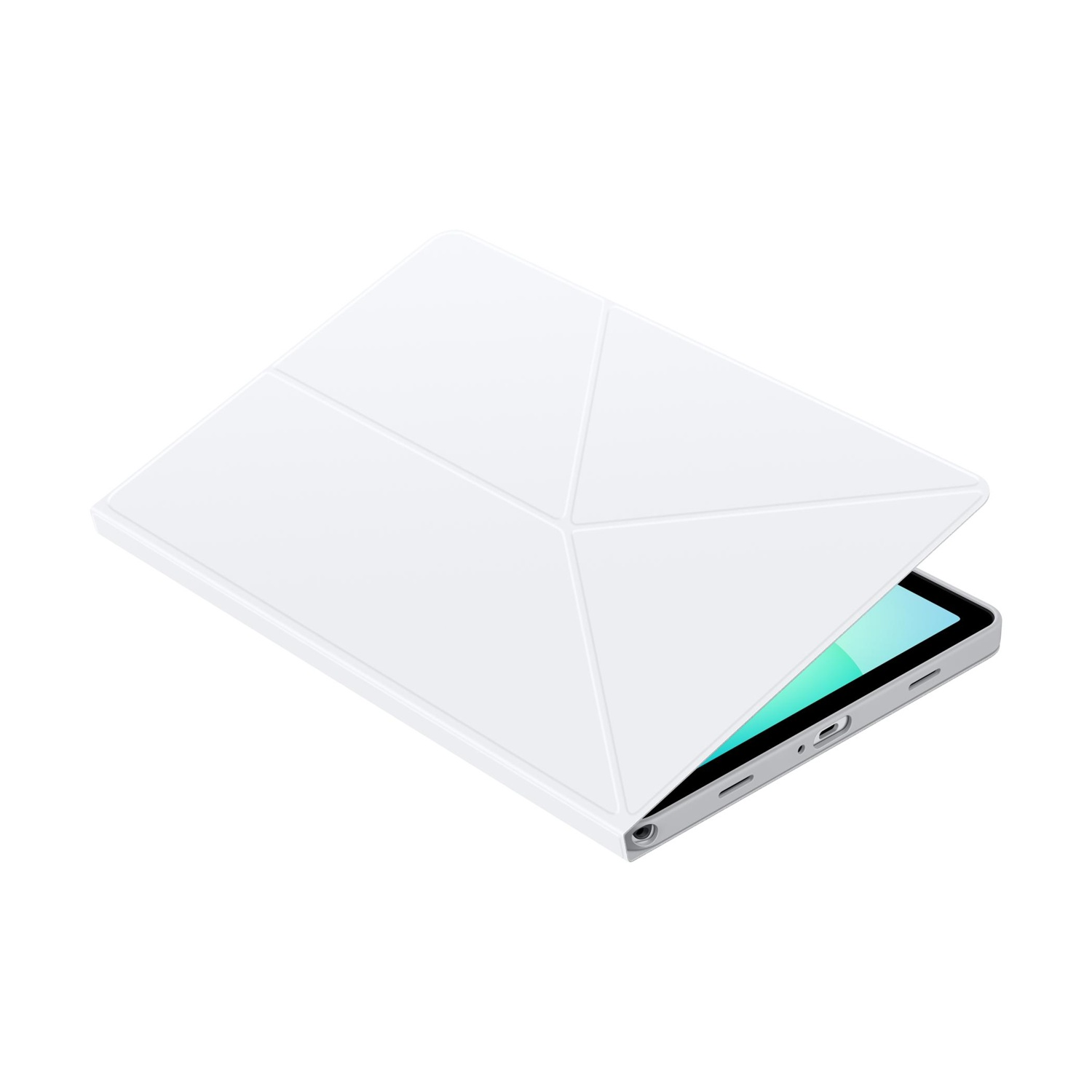 Un tablet bianco con la copertina parzialmente aperta, che rivela lo schermo.