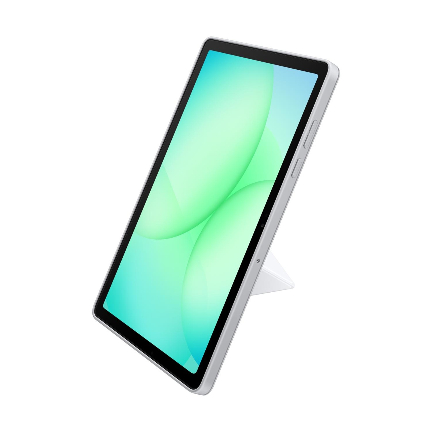 Un tablet argentato con sfondo verde e blu è su un supporto bianco.