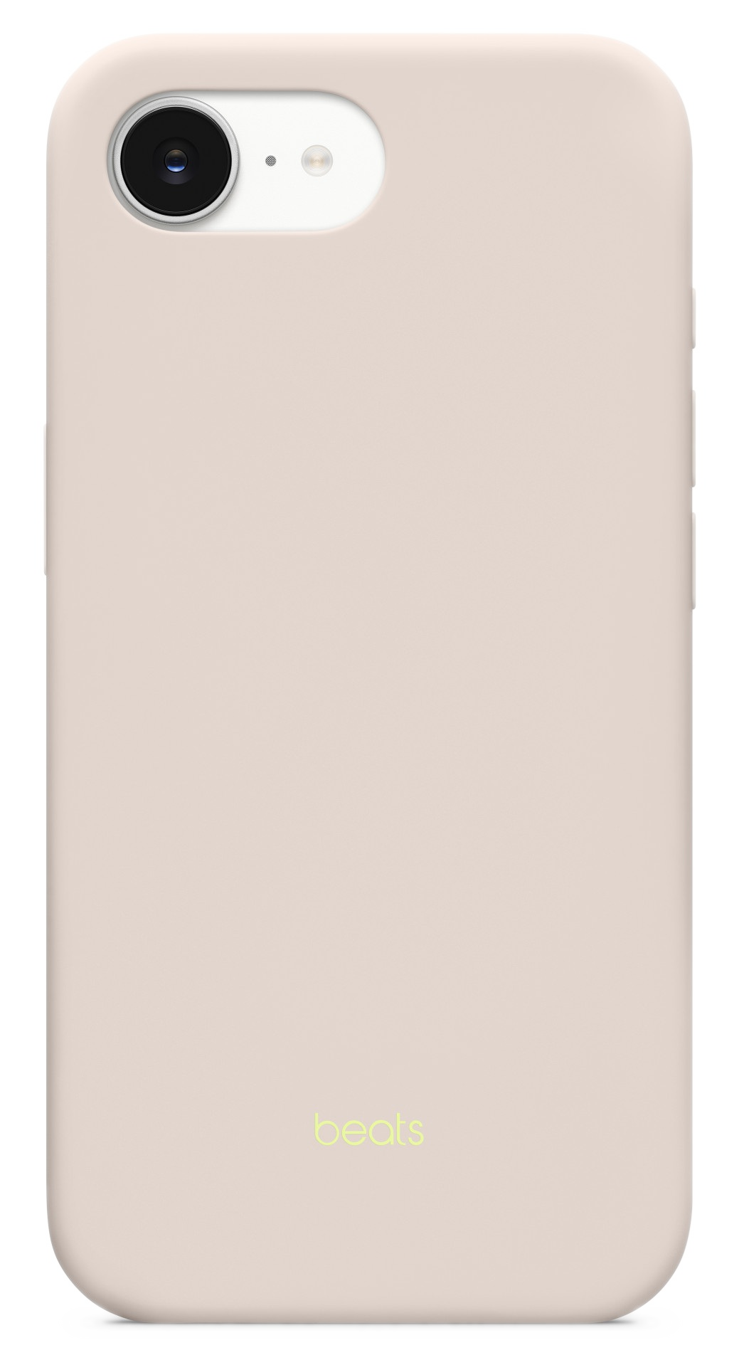 Jasnoróżowe etui na telefon z modułem aparatu w lewym górnym rogu i logo Beats.