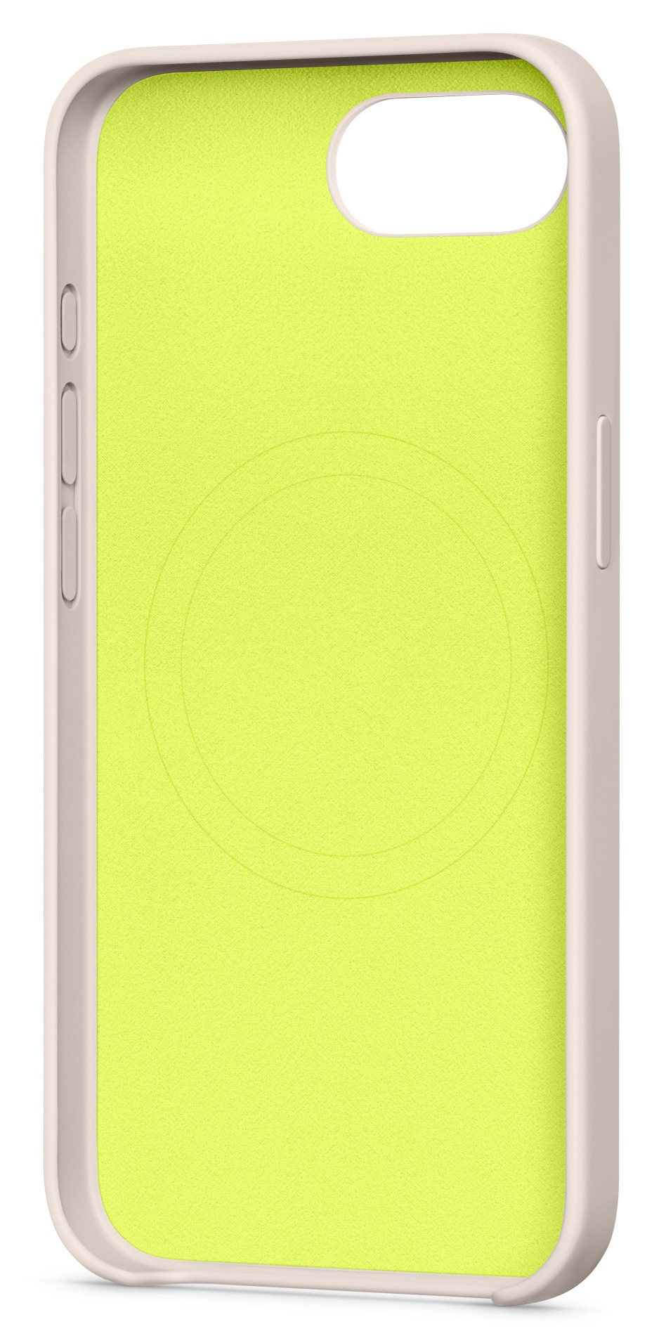 Beżowe etui na iPhone z jasnozielonym wnętrzem i okrągłym wzorem.