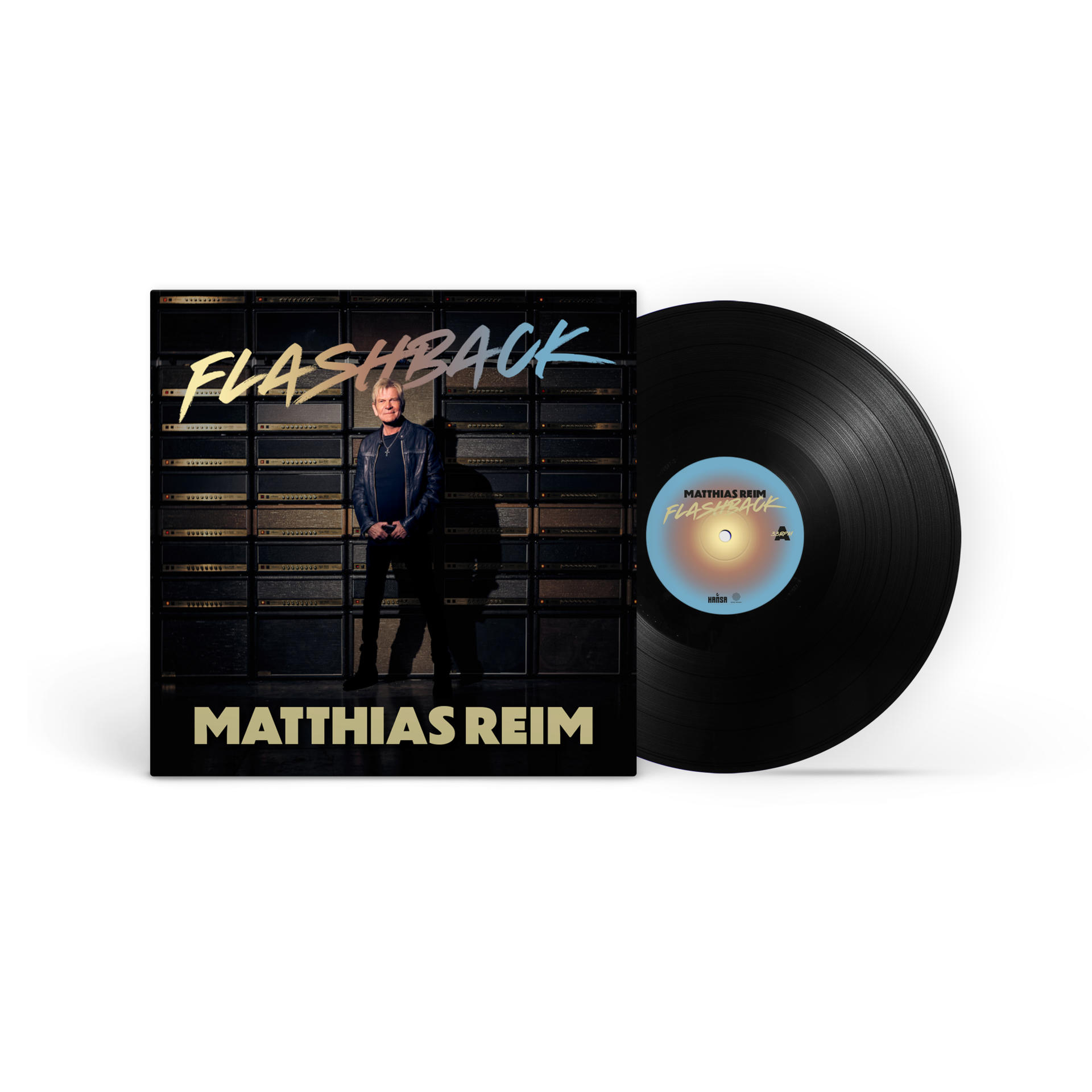 Matthias Reim Albumcover mit Schallplatte. Mann vor Verstärkern.