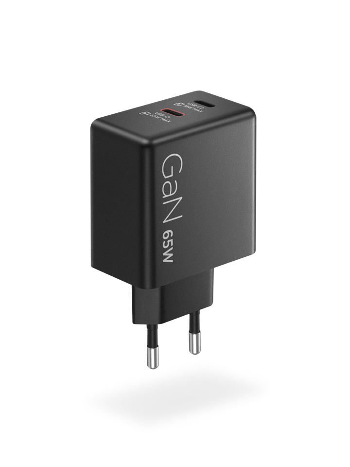 Schwarzes GaN 65W USB-C Ladegerät mit zwei Stiften.