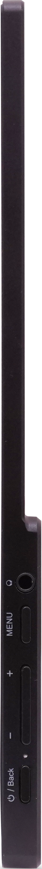 Dispositivo audio portatile nero con pulsanti e jack per cuffie.