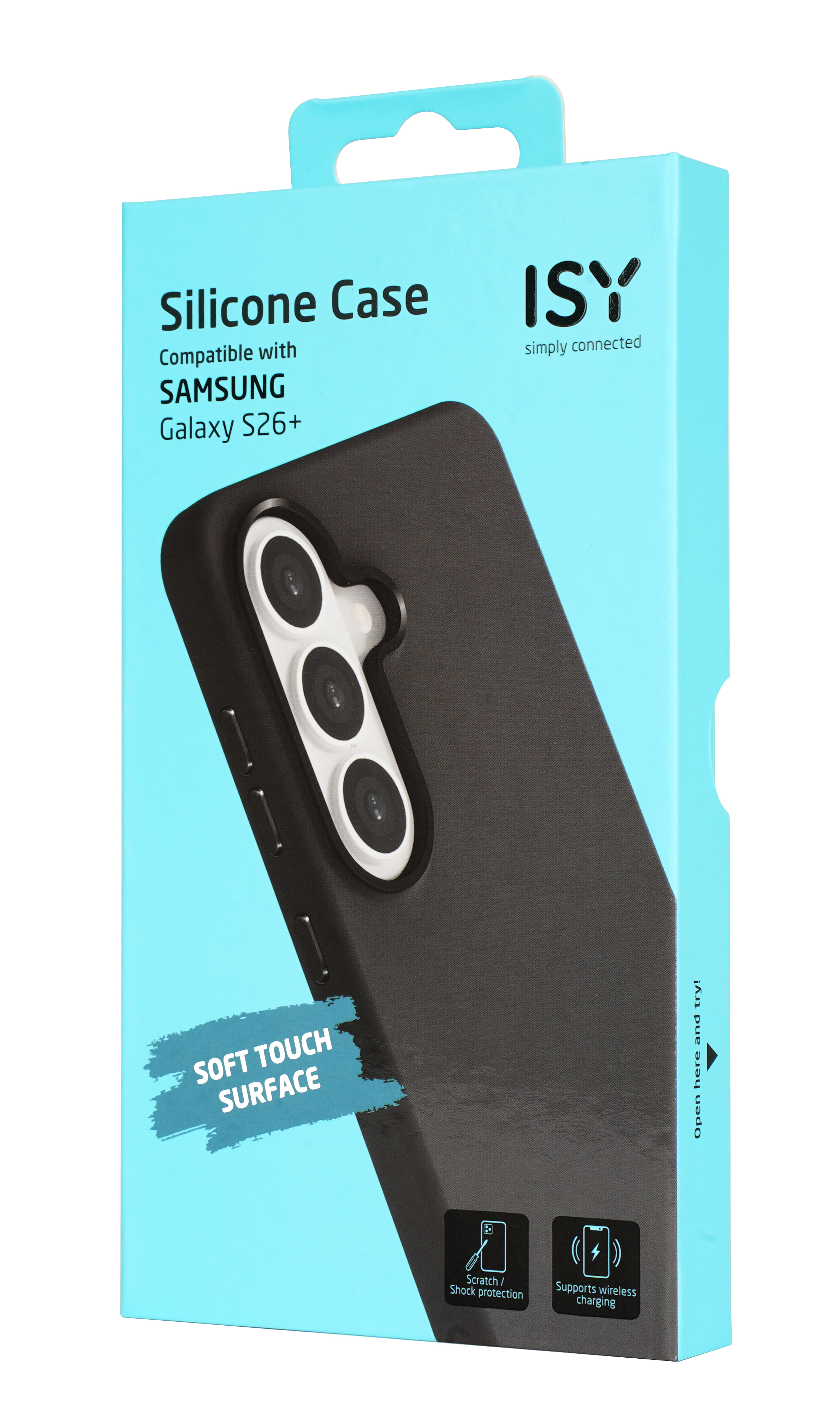 Verpackung für eine schwarze Silikonhülle für Samsung Galaxy S26+ mit Text.