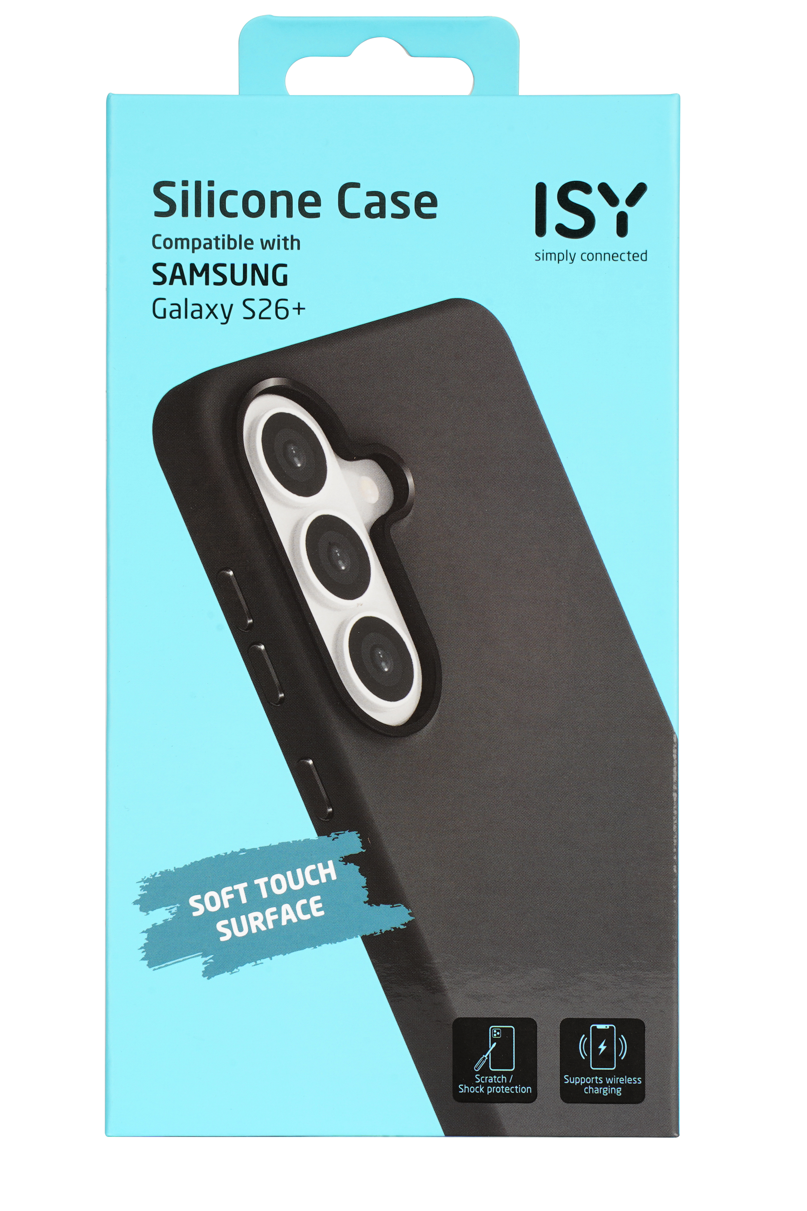 Schwarze Silikonhülle für Samsung Galaxy S26+ auf hellblauer Box.