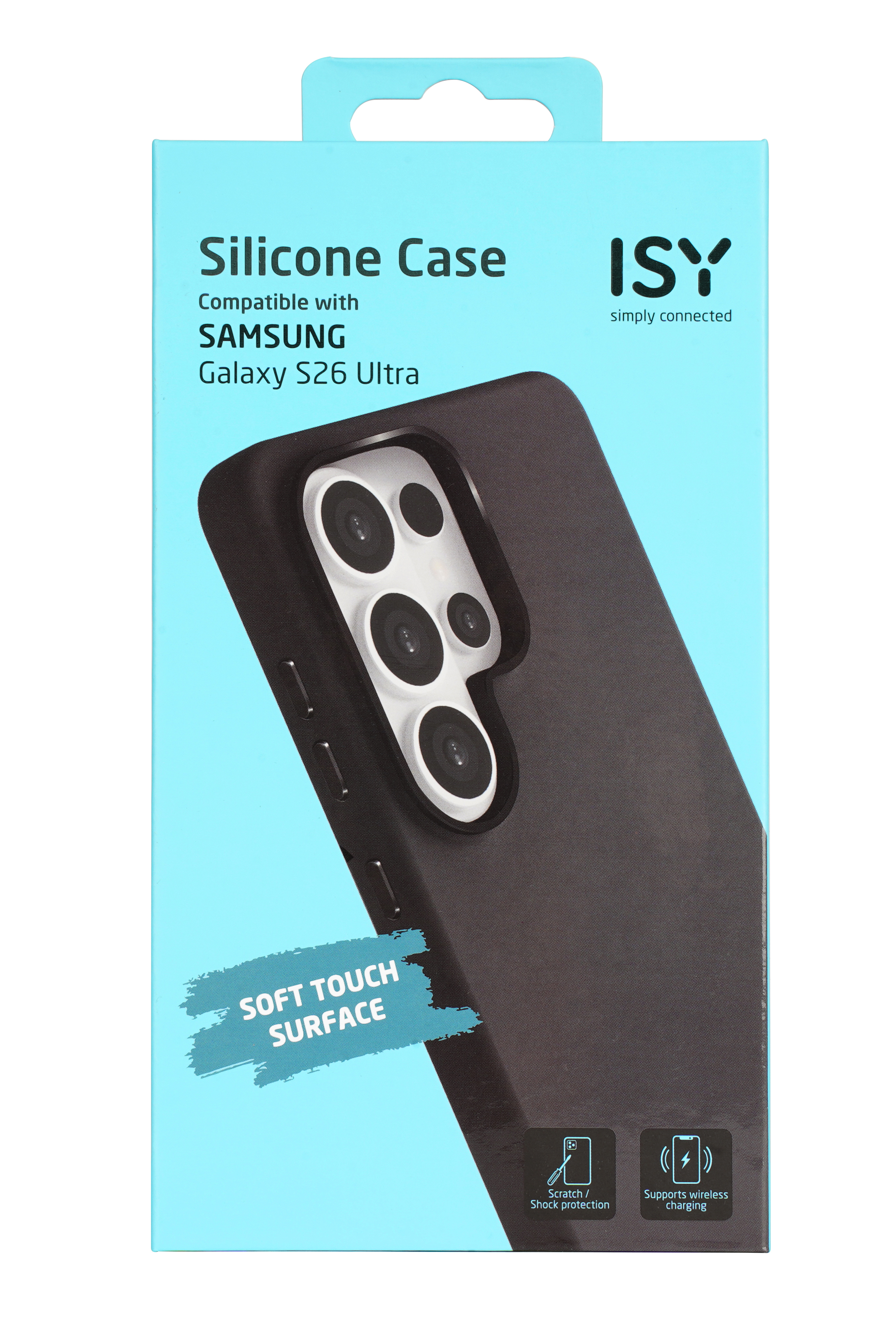 Schwarze Hülle für Samsung Galaxy S26 Ultra mit vier Kameras auf der Verpackung.