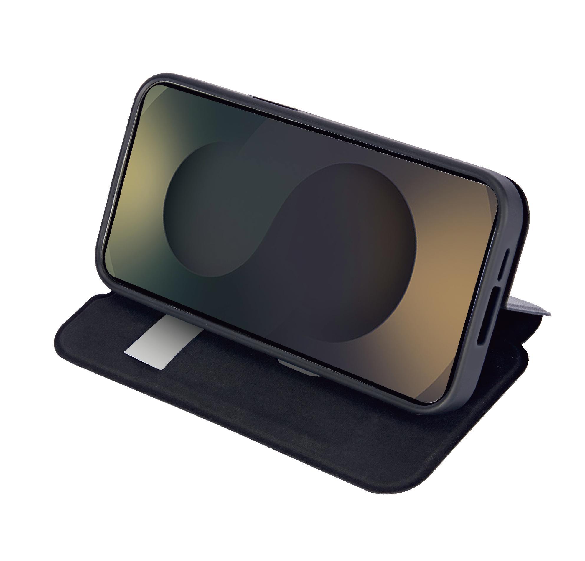 Ein Smartphone in einer schwarzen Hülle mit einer S-förmigen Grafik auf dem Bildschirm.
