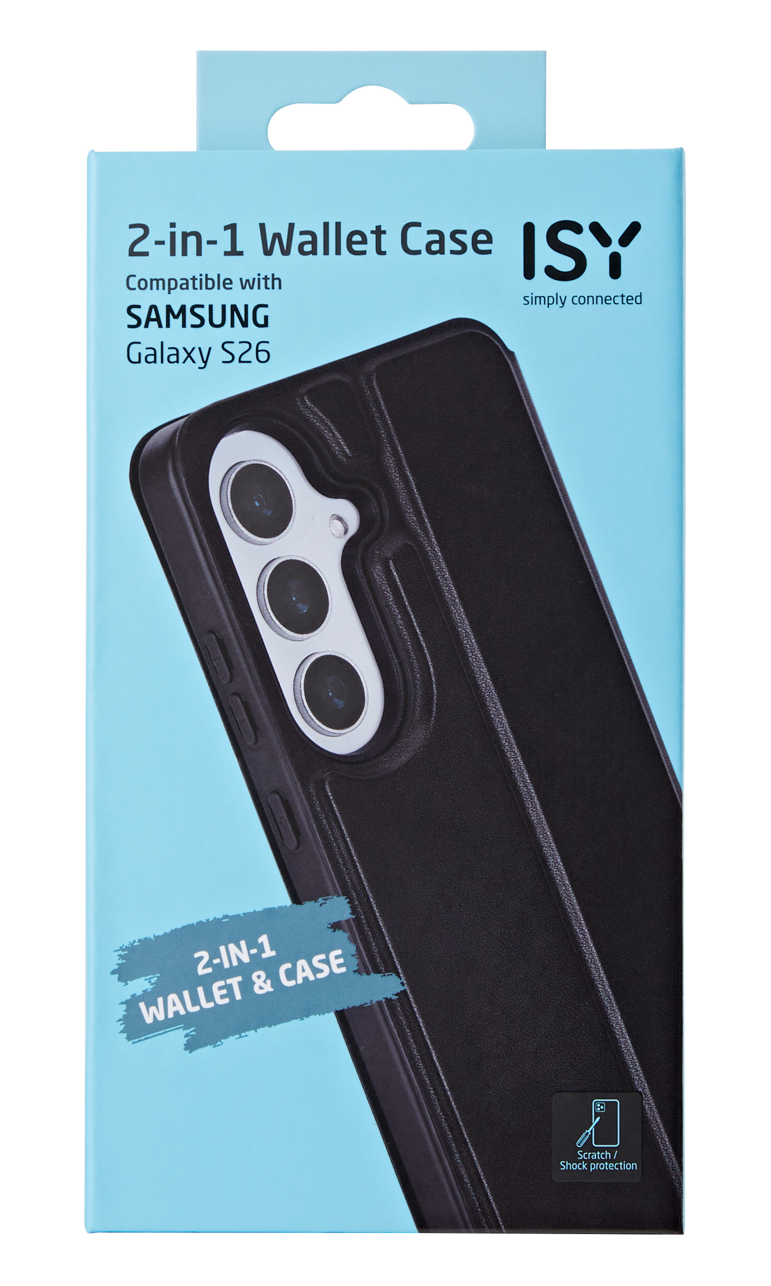 Verpackung für eine schwarze 2-in-1 Brieftaschenhülle für Samsung Galaxy S26.