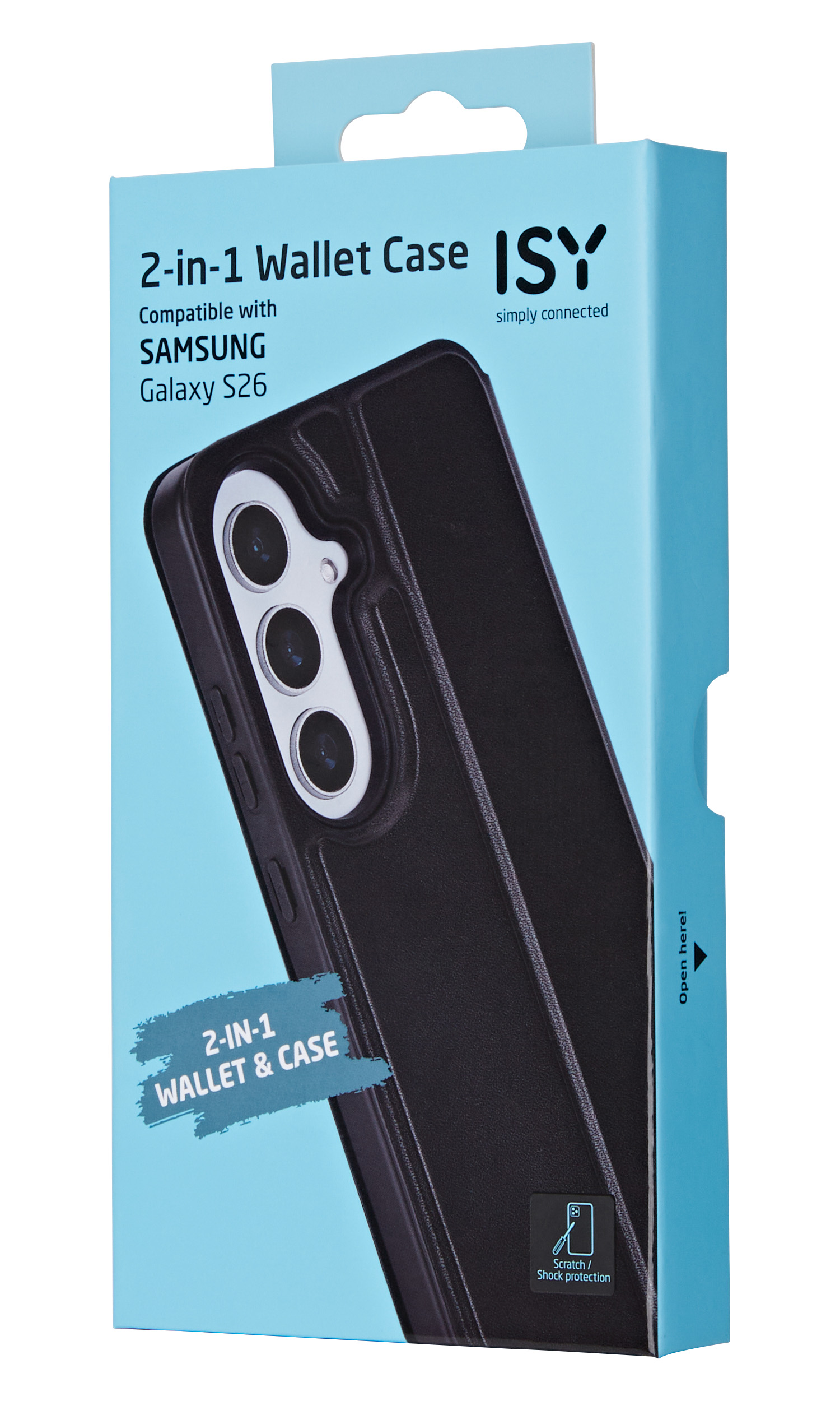 Verpackung für eine schwarze 2-in-1-Wallet-Handyhülle für Samsung Galaxy S26.