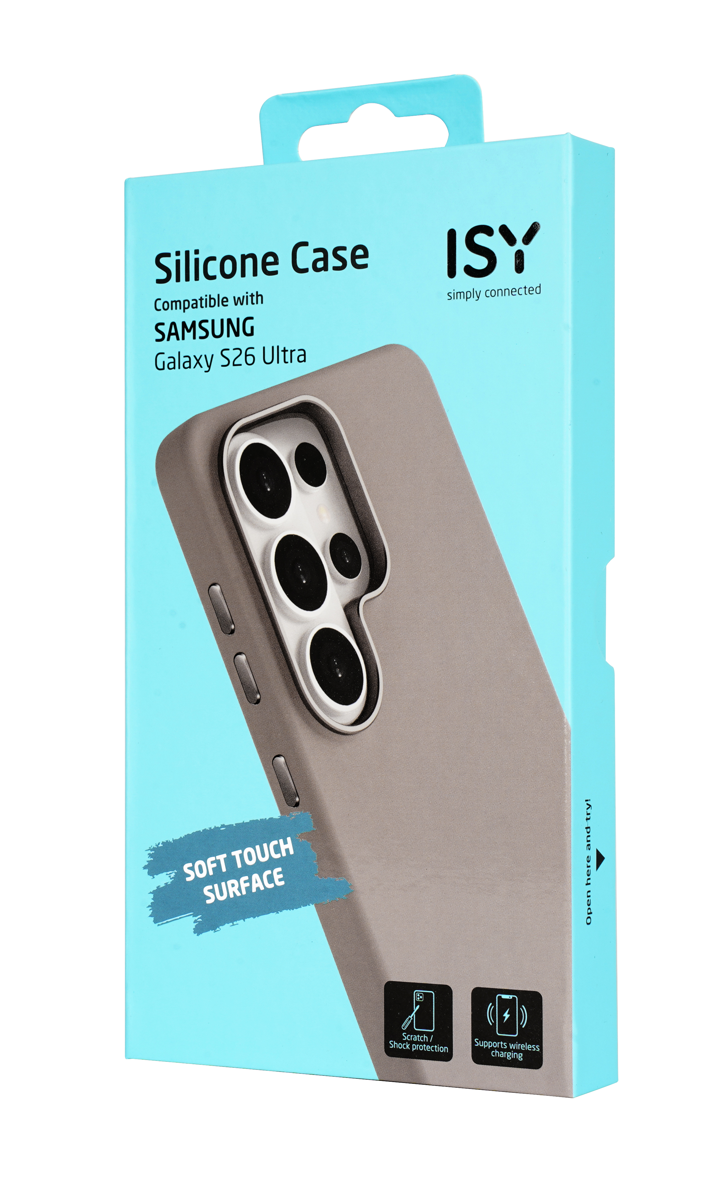 Verpackung für eine graue Silikonhülle für Samsung Galaxy S26 Ultra.