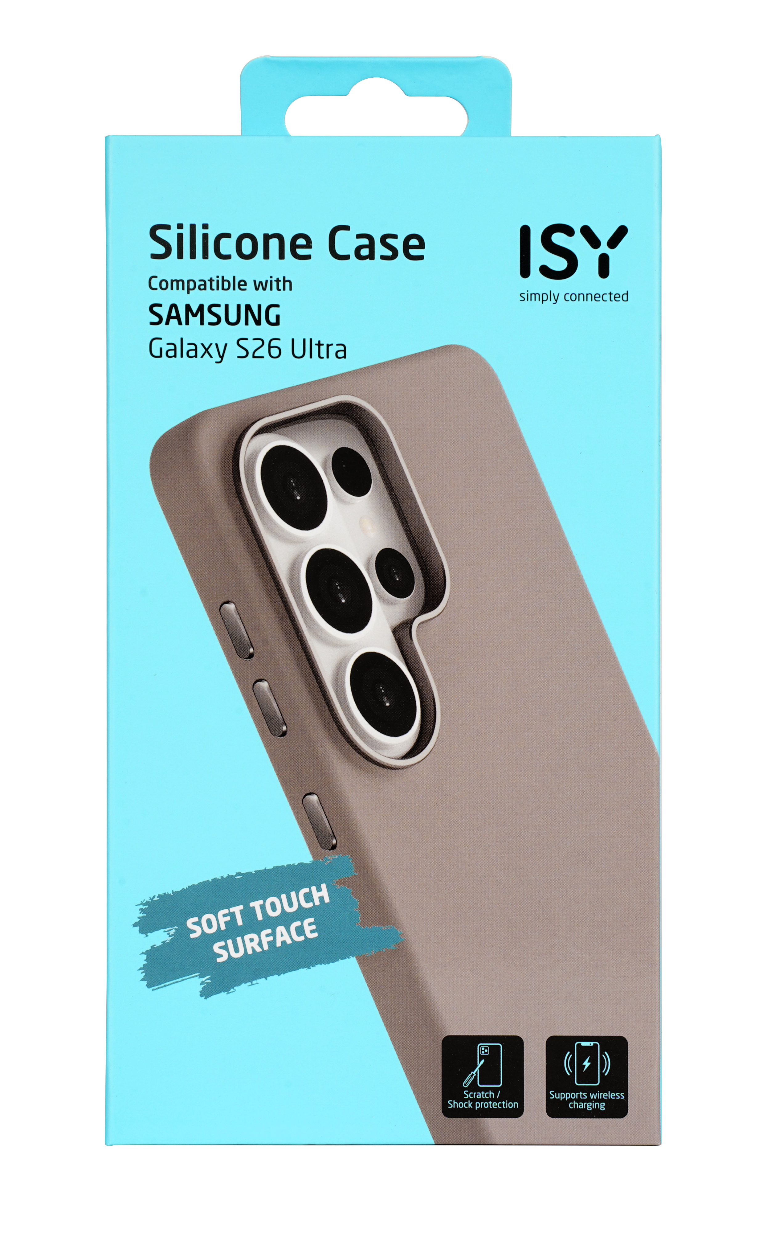 Verpackung für eine graue Handyhülle, kompatibel mit Samsung Galaxy S26 Ultra.