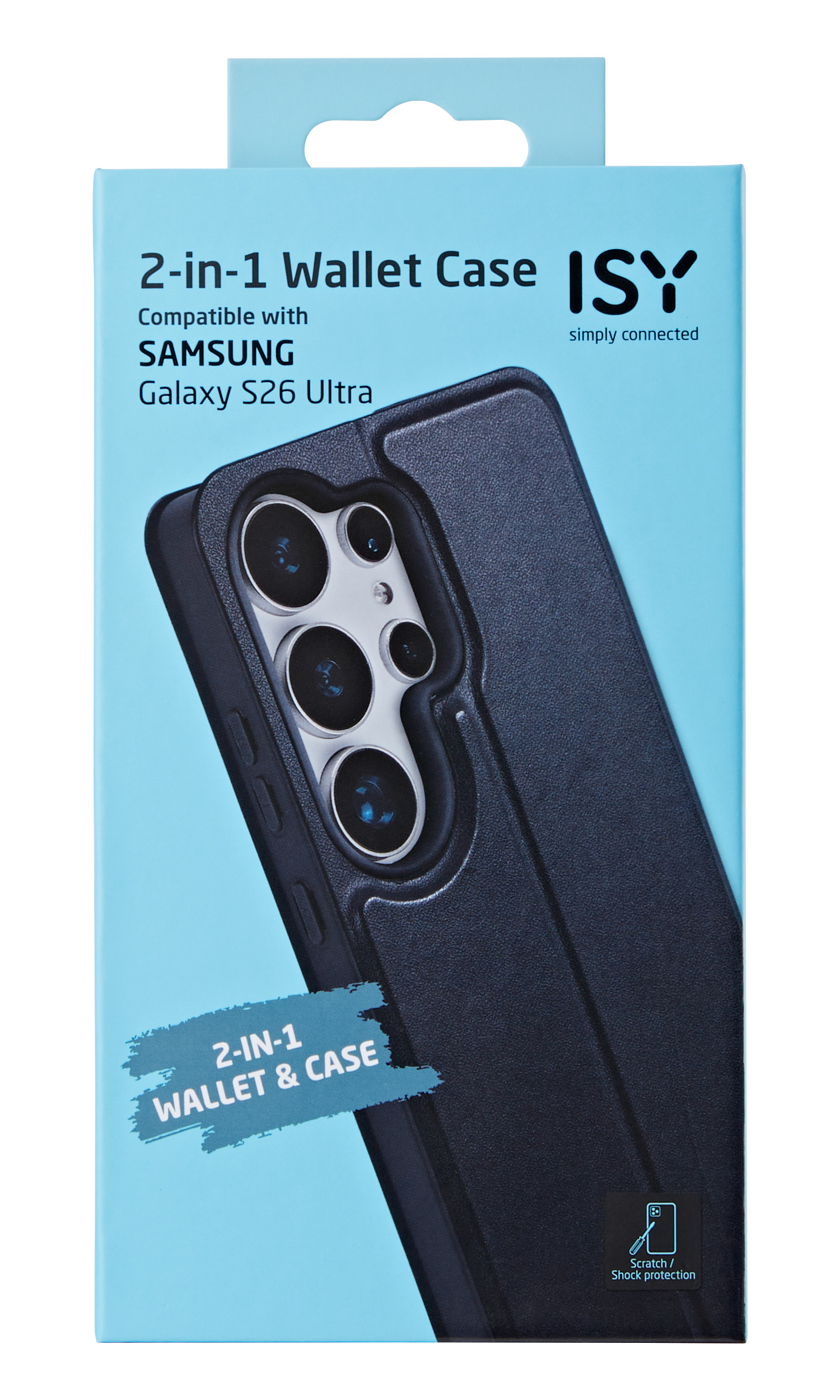 Verpackung für eine schwarze ISY 2-in-1 Wallet-Hülle für Samsung Galaxy S26 Ultra.