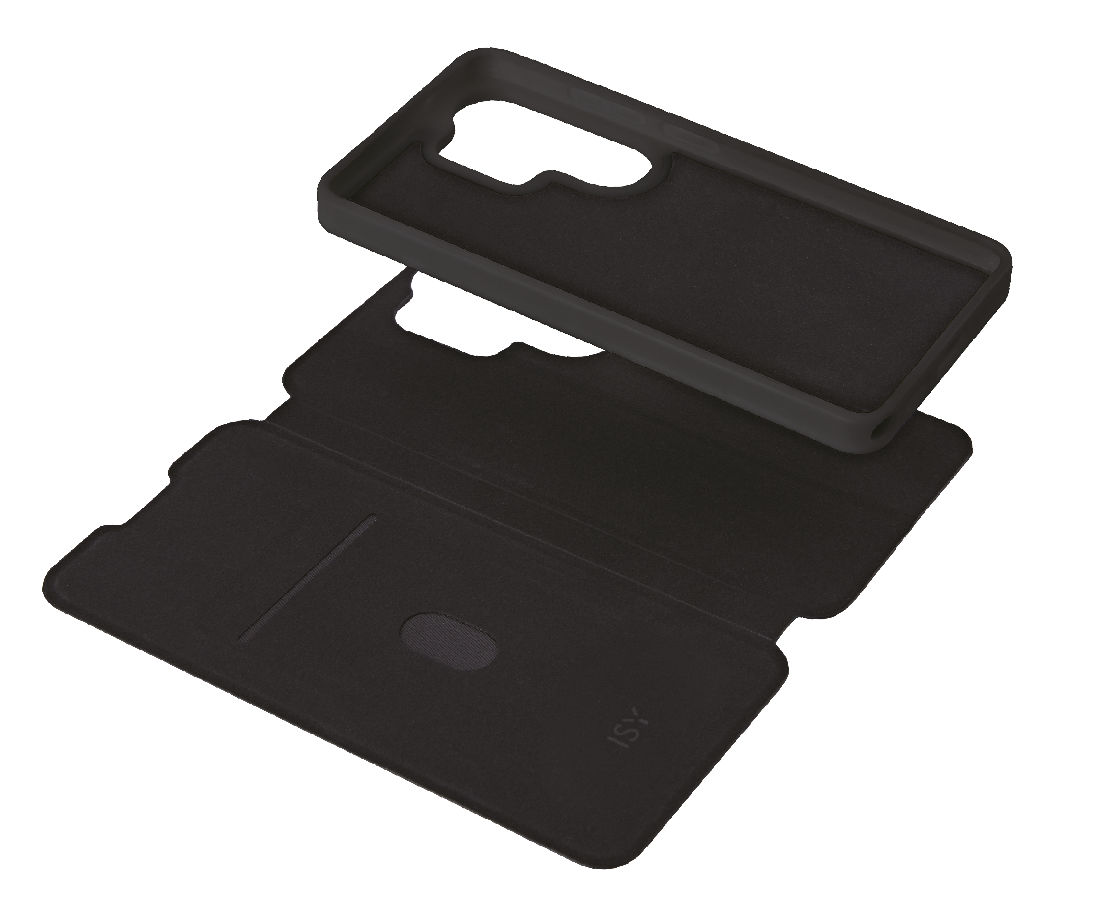 Schwarze Handyhülle und eine aufgeschlagene Brieftaschenhülle daneben.