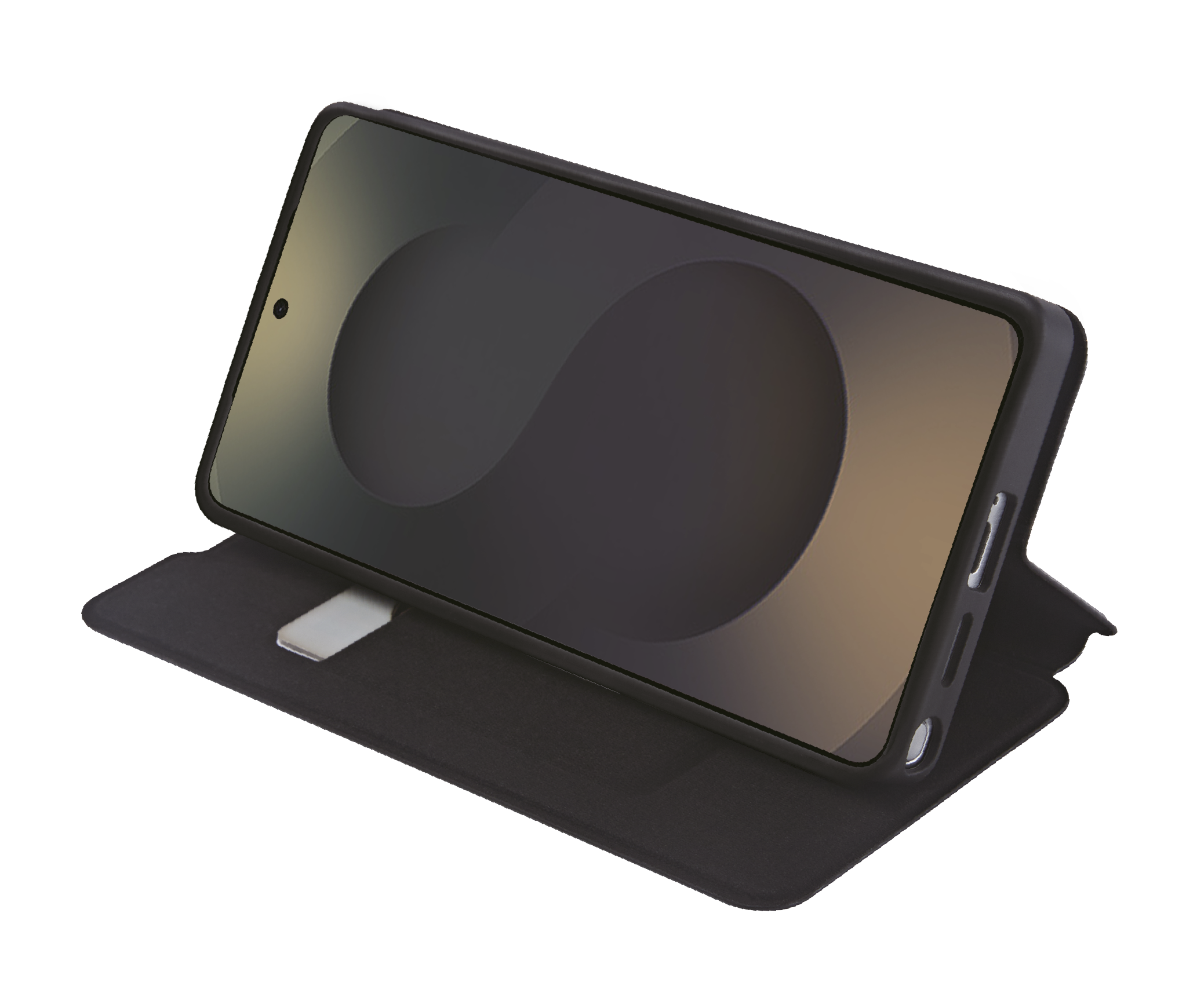 Ein schwarzes Smartphone mit einer Hülle, das auf einem Ständer steht.