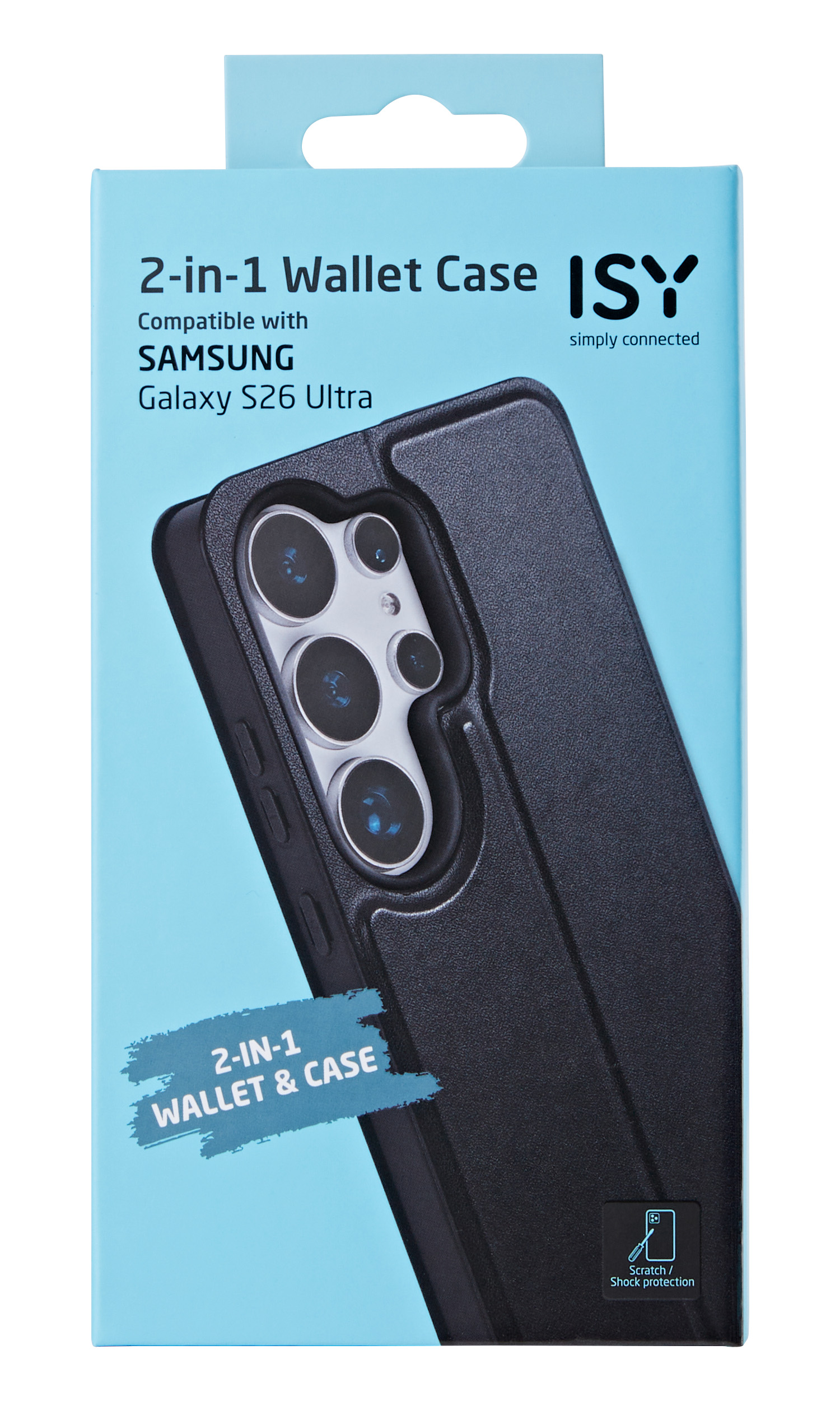 Schwarze 2-in-1 Brieftasche und Hülle für Samsung Galaxy S26 Ultra auf hellblauem Karton.