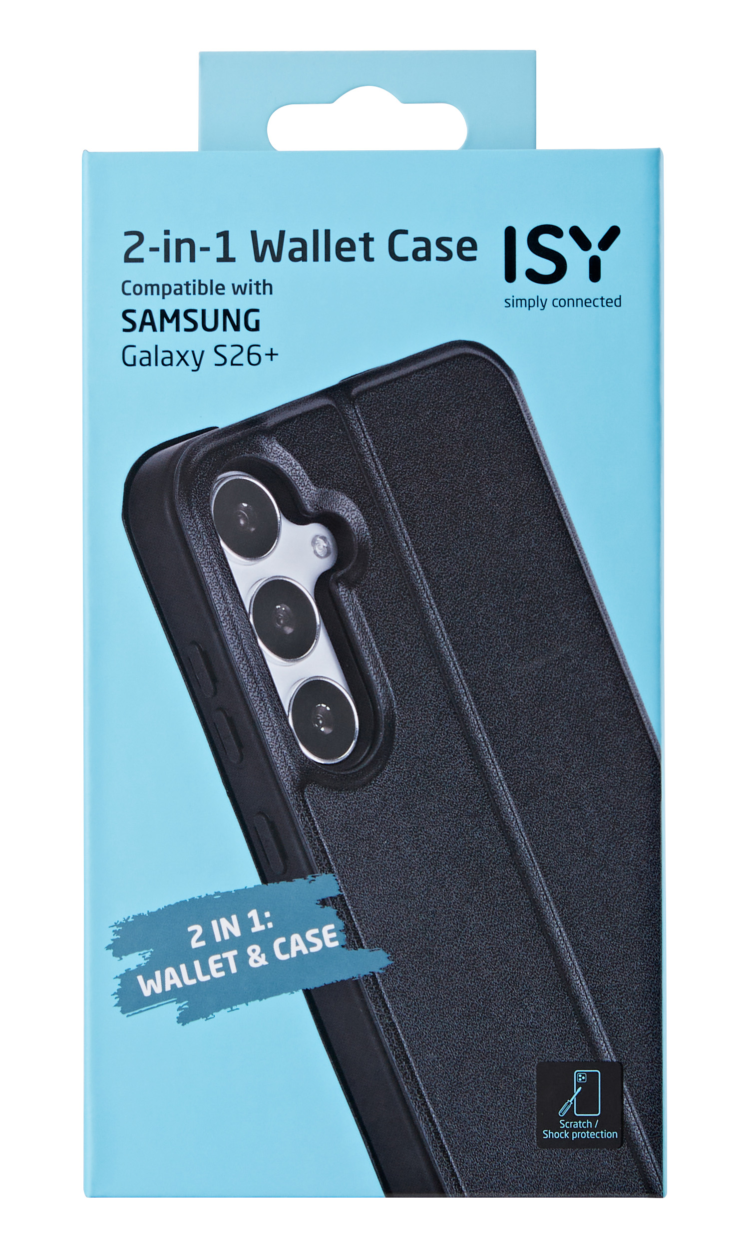 Schwarze ISY 2-in-1 Handyhülle für Samsung Galaxy S26+, mit Kameraöffnung.