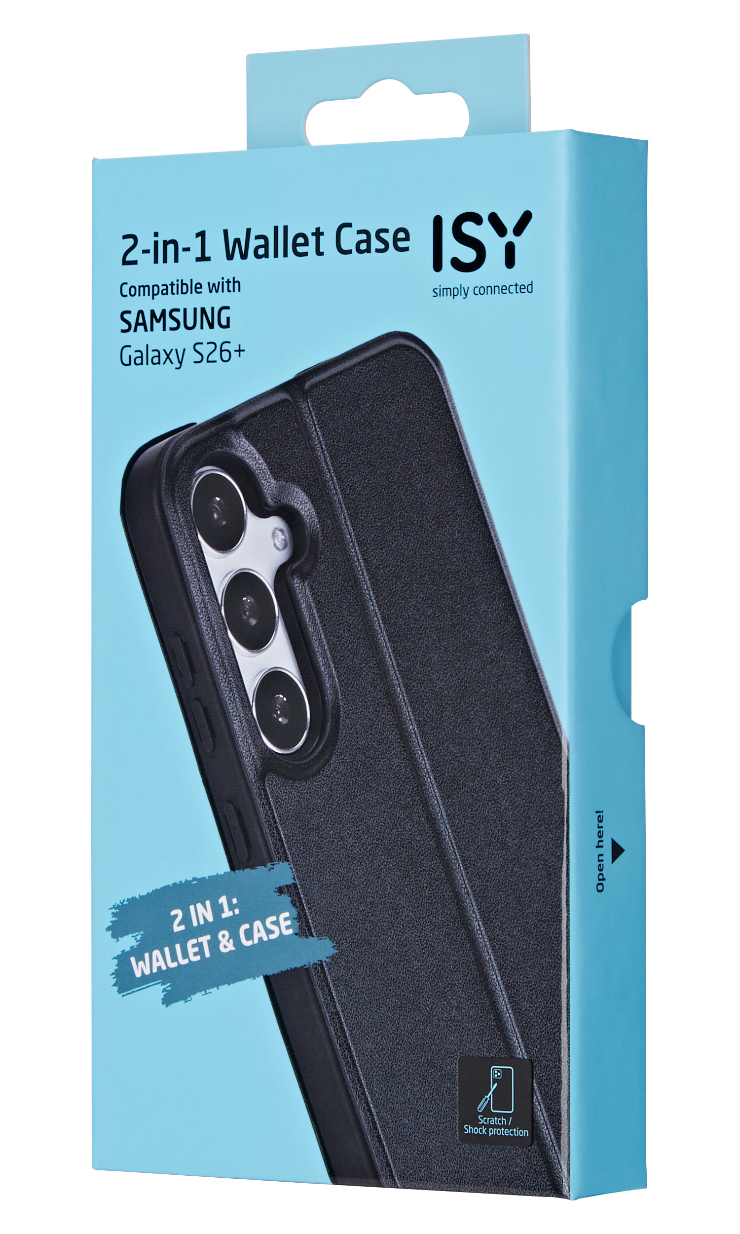 Schwarze ISY Handyhülle für Samsung Galaxy S26+, 2-in-1 Brieftasche.