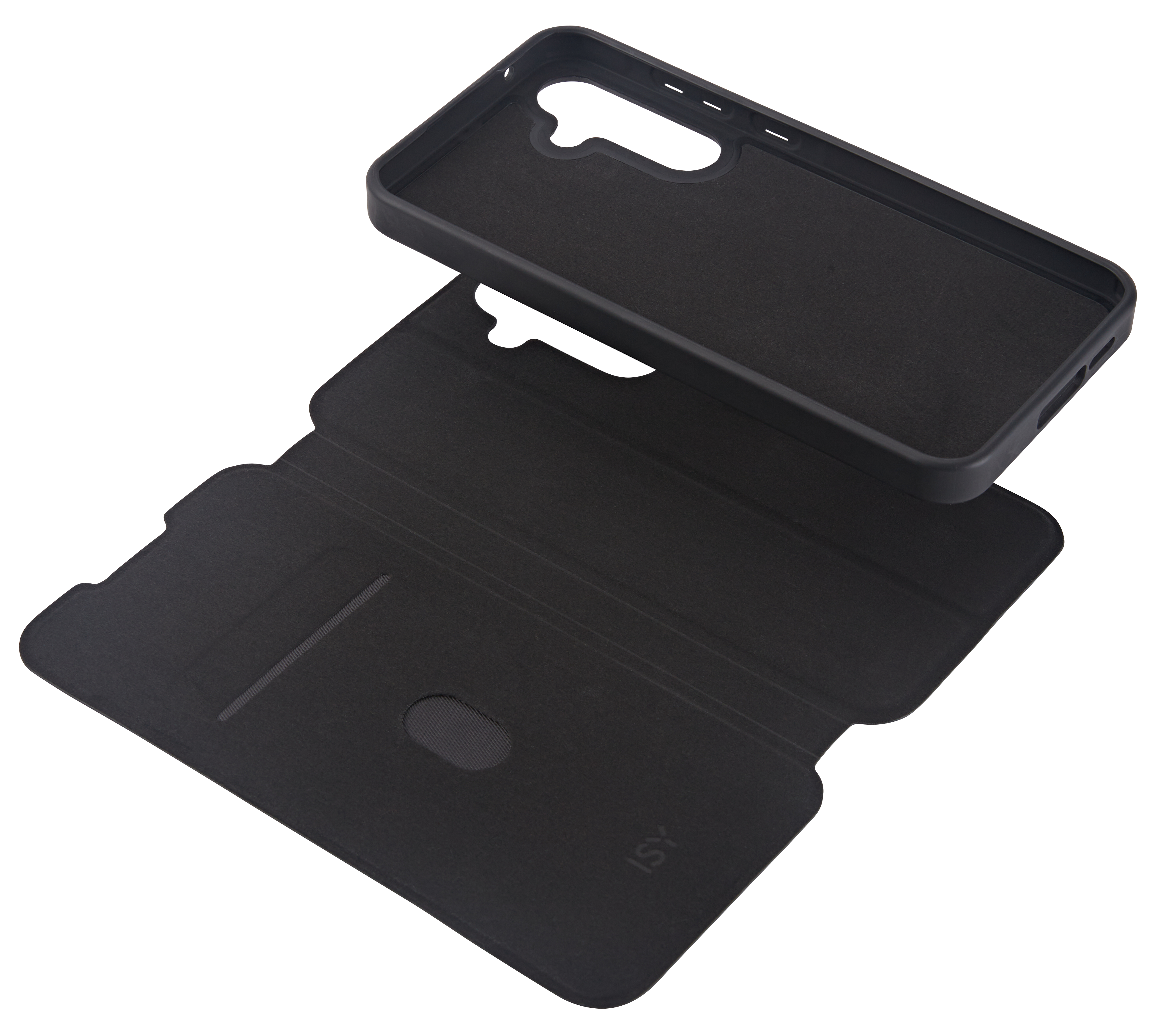 Schwarzes Handy-Flipcase mit Aussparungen für Kamera und Tasten.