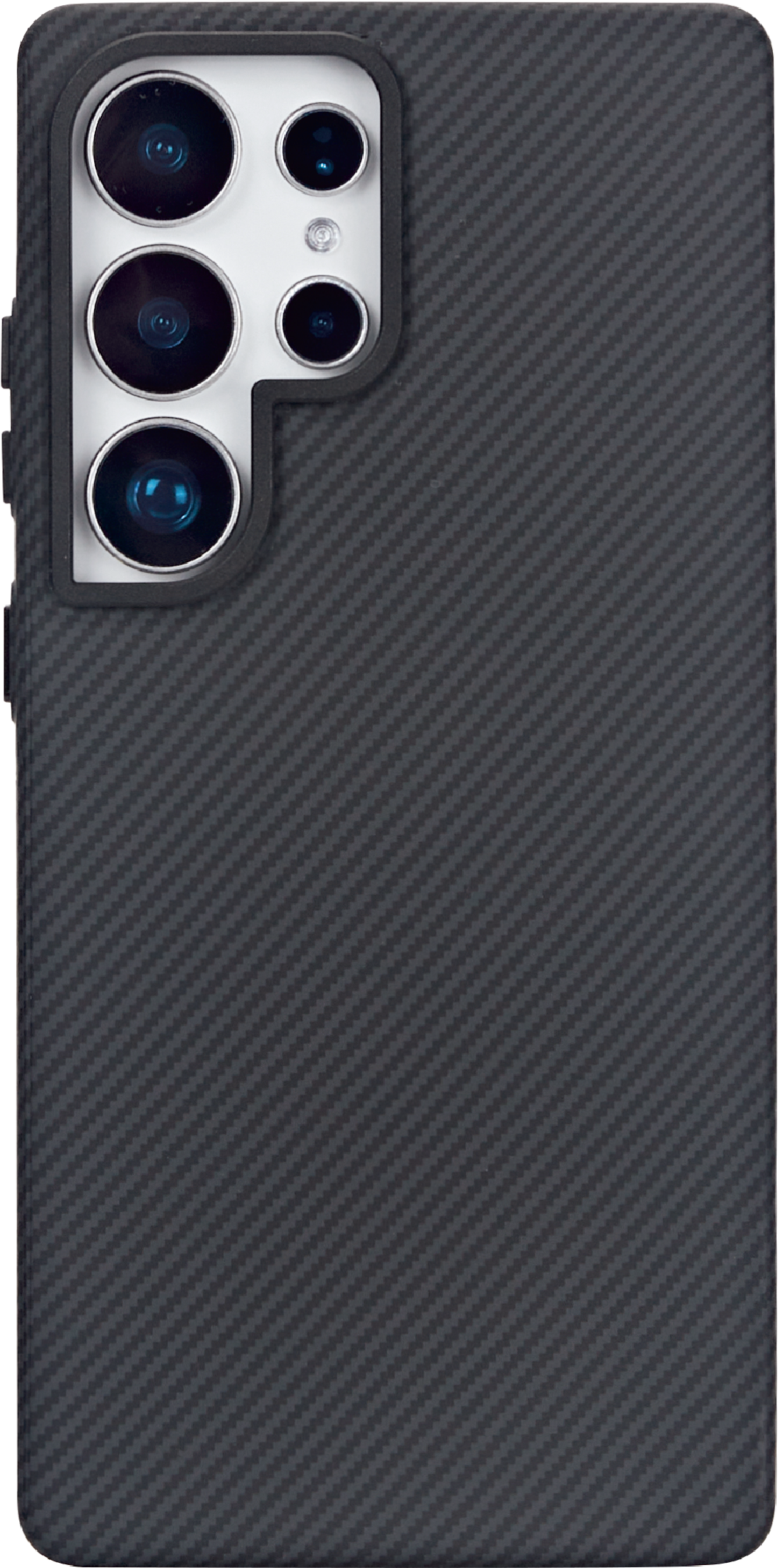 Dunkelgraues Handy mit Carbonmuster und vier Kameras.