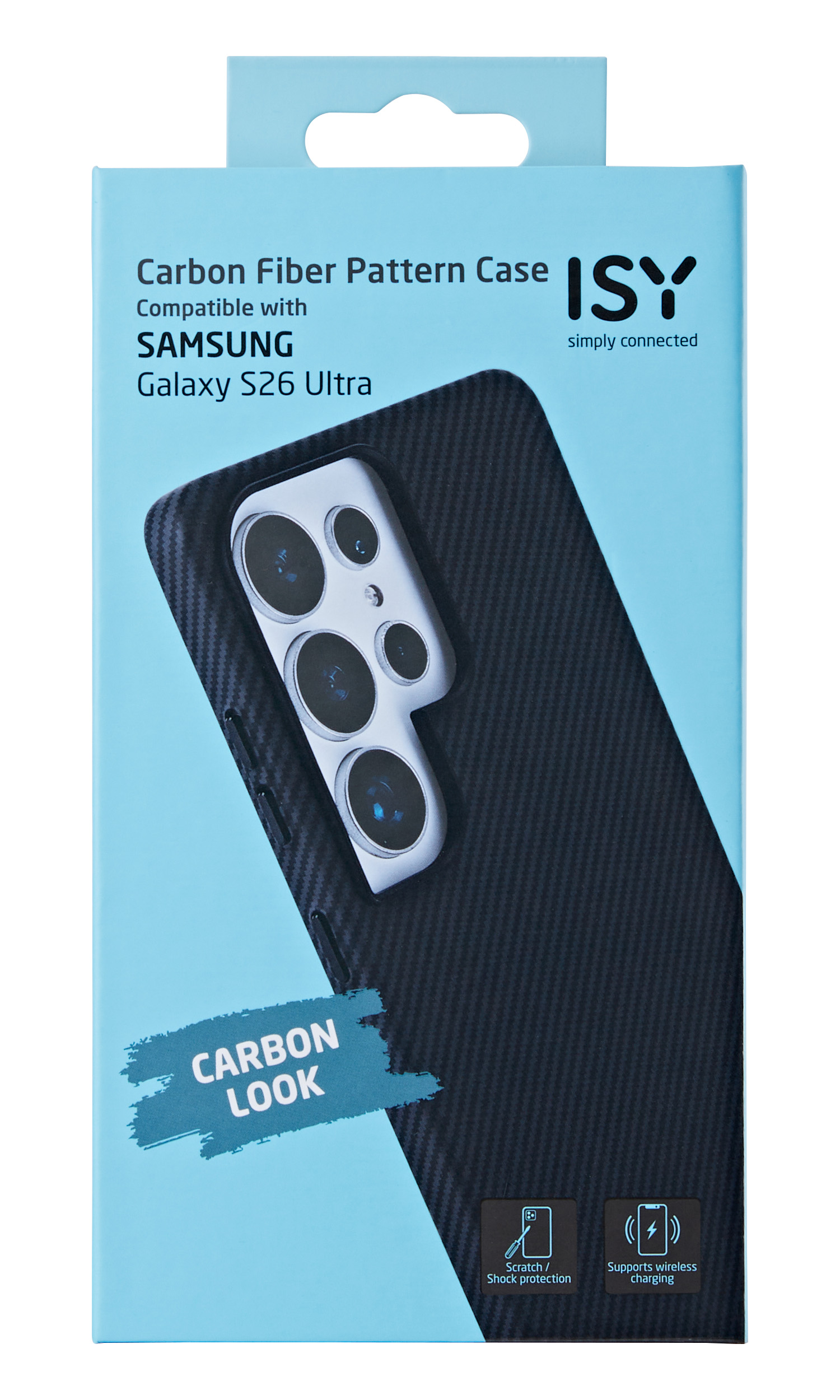 Schwarze Handyhülle mit Karbonmuster für Samsung Galaxy S26 Ultra.