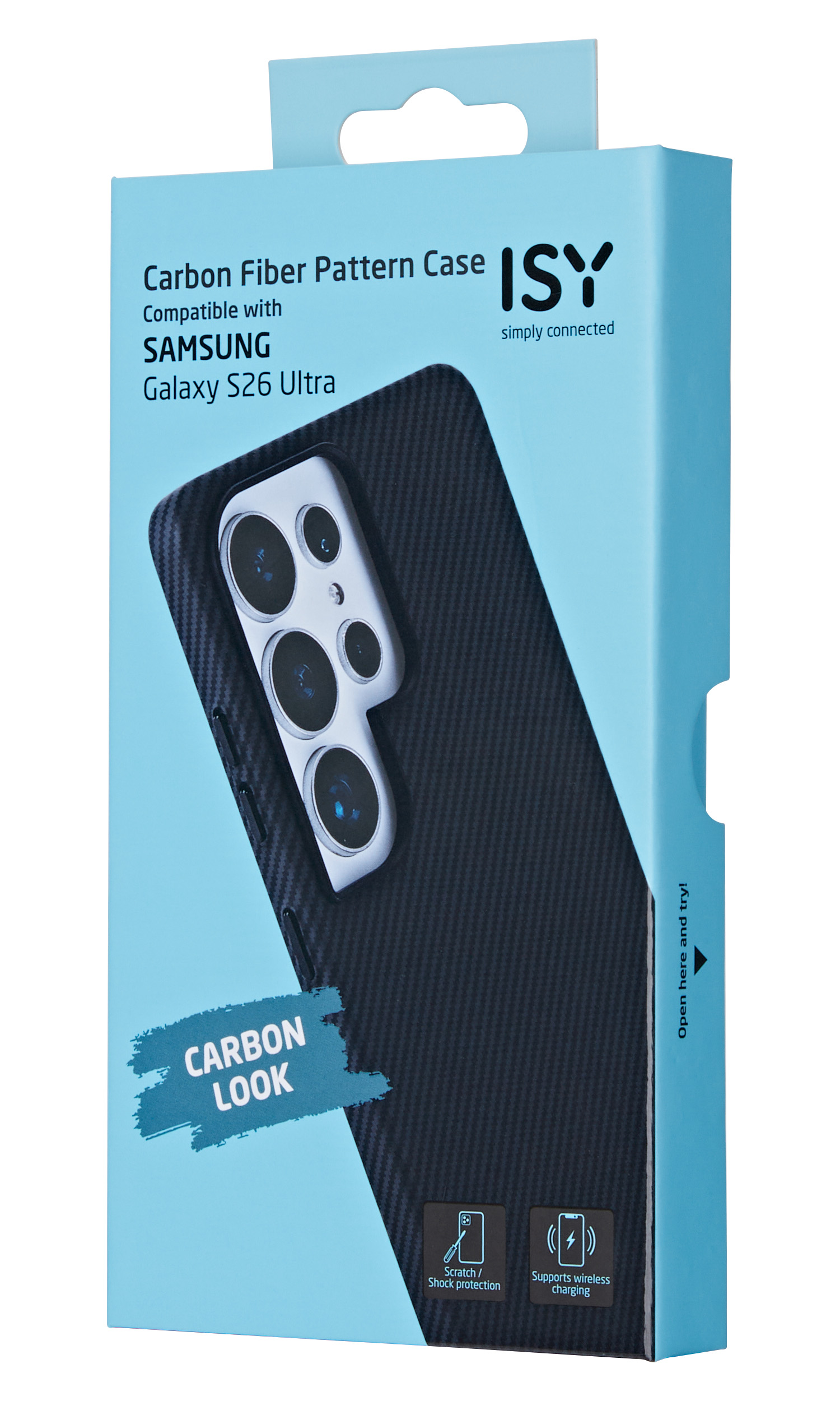 Verpackung für eine Samsung Galaxy S26 Ultra Hülle mit Karbonfaser-Optik.