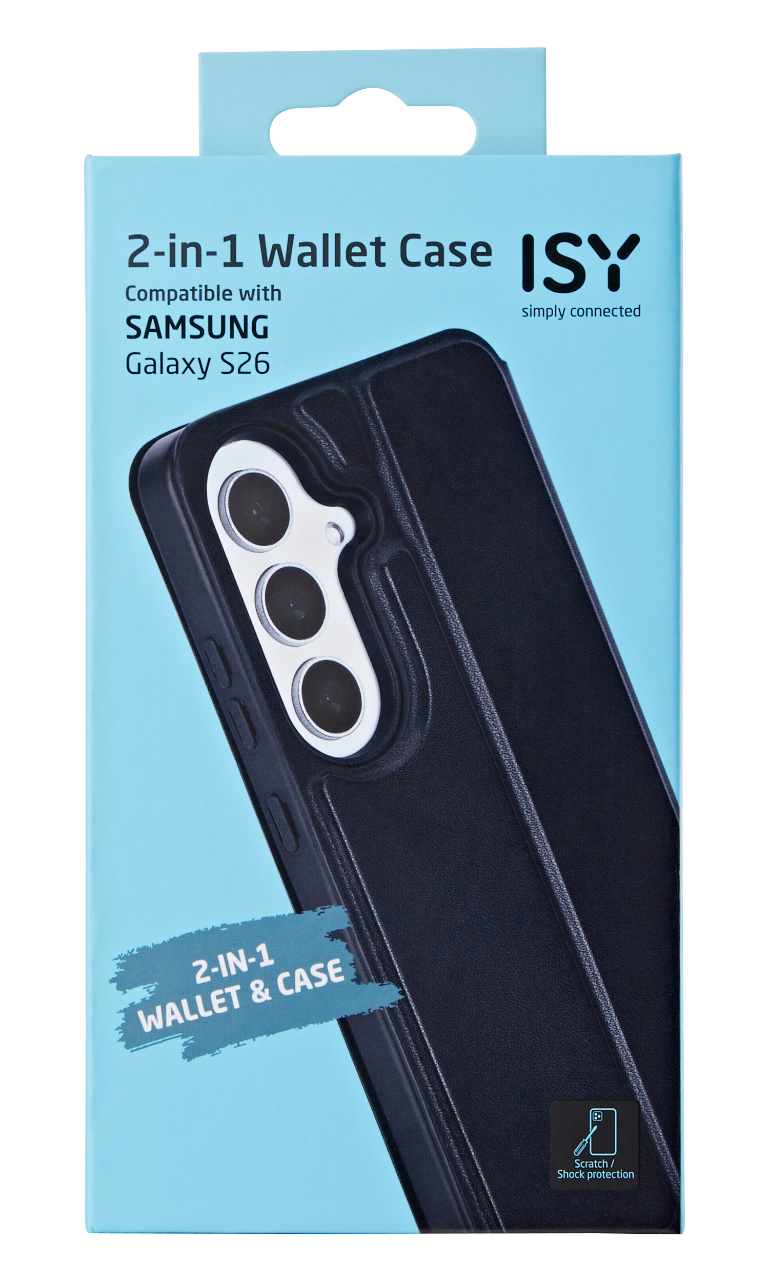 Verpackung für ein schwarzes Samsung Galaxy S26 2-in-1 Wallet Case.