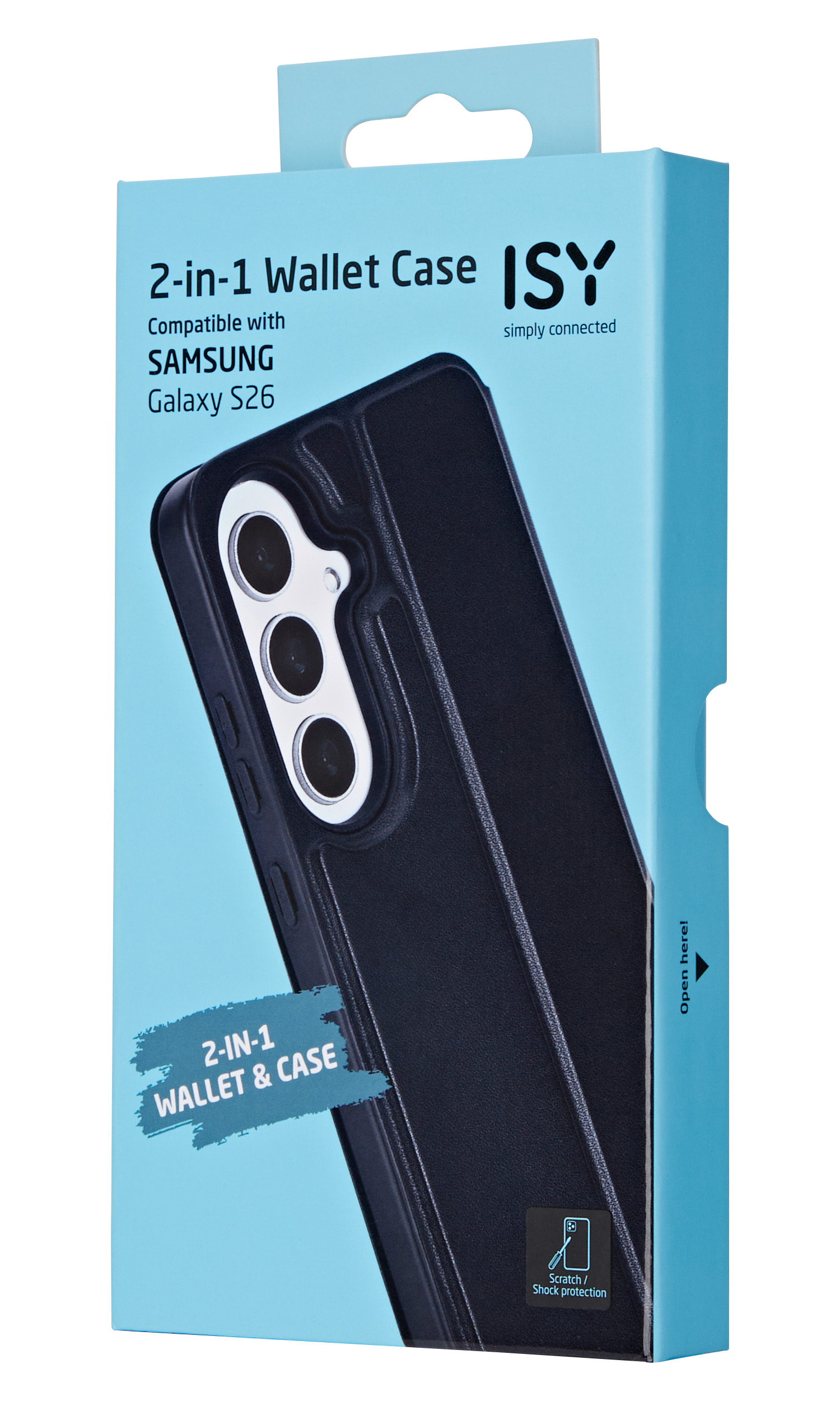 Schwarze ISY 2-in-1 Brieftaschenhülle für Samsung Galaxy S26 auf hellblauem Karton.
