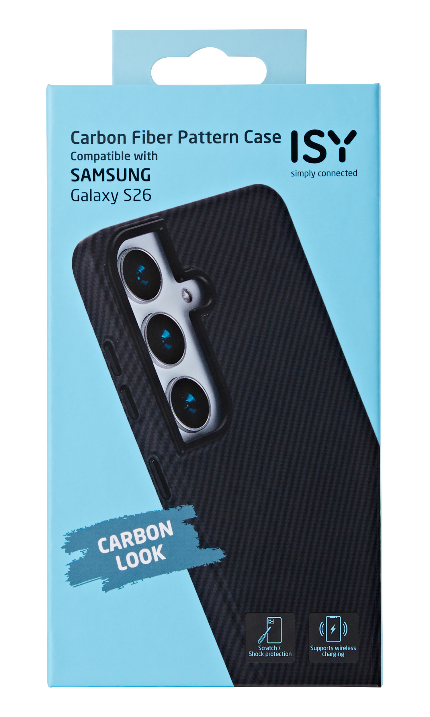 Schwarze Handyhülle mit Karbonmuster für Samsung Galaxy S26.