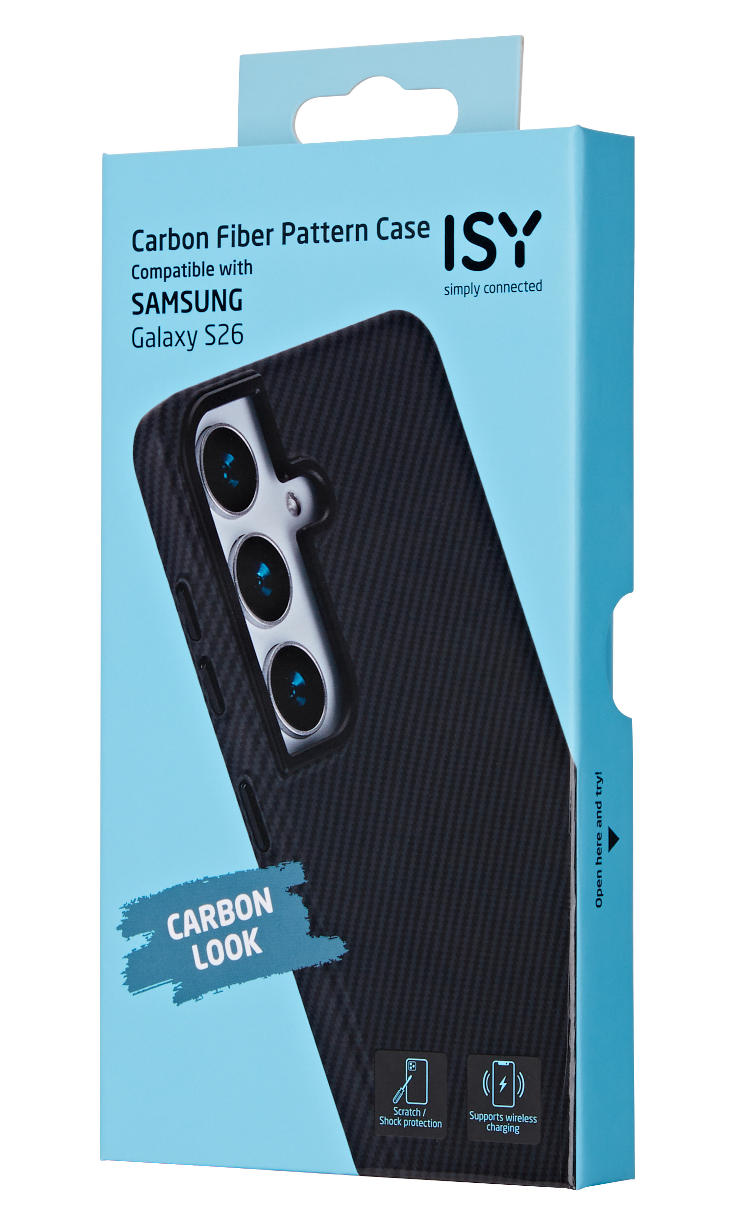 Verpackung für eine Samsung Galaxy S26 Handyhülle mit Karbonmuster.