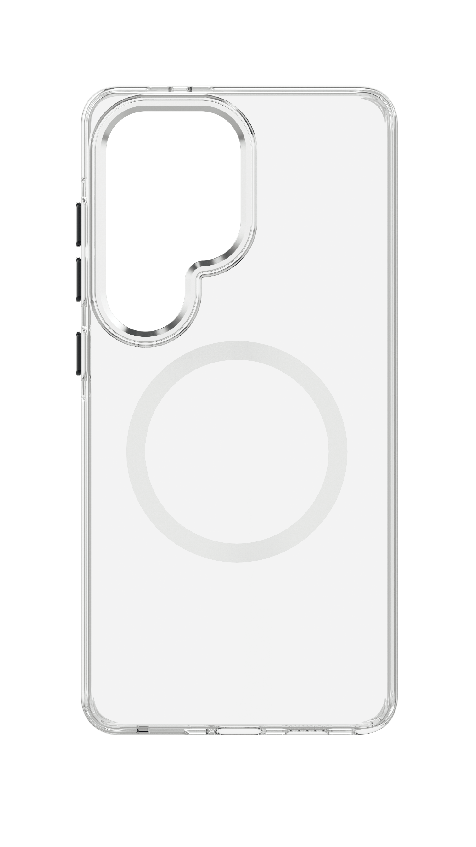 Transparente Handyhülle mit weißem Kreis für MagSafe, schwarzer Hintergrund.