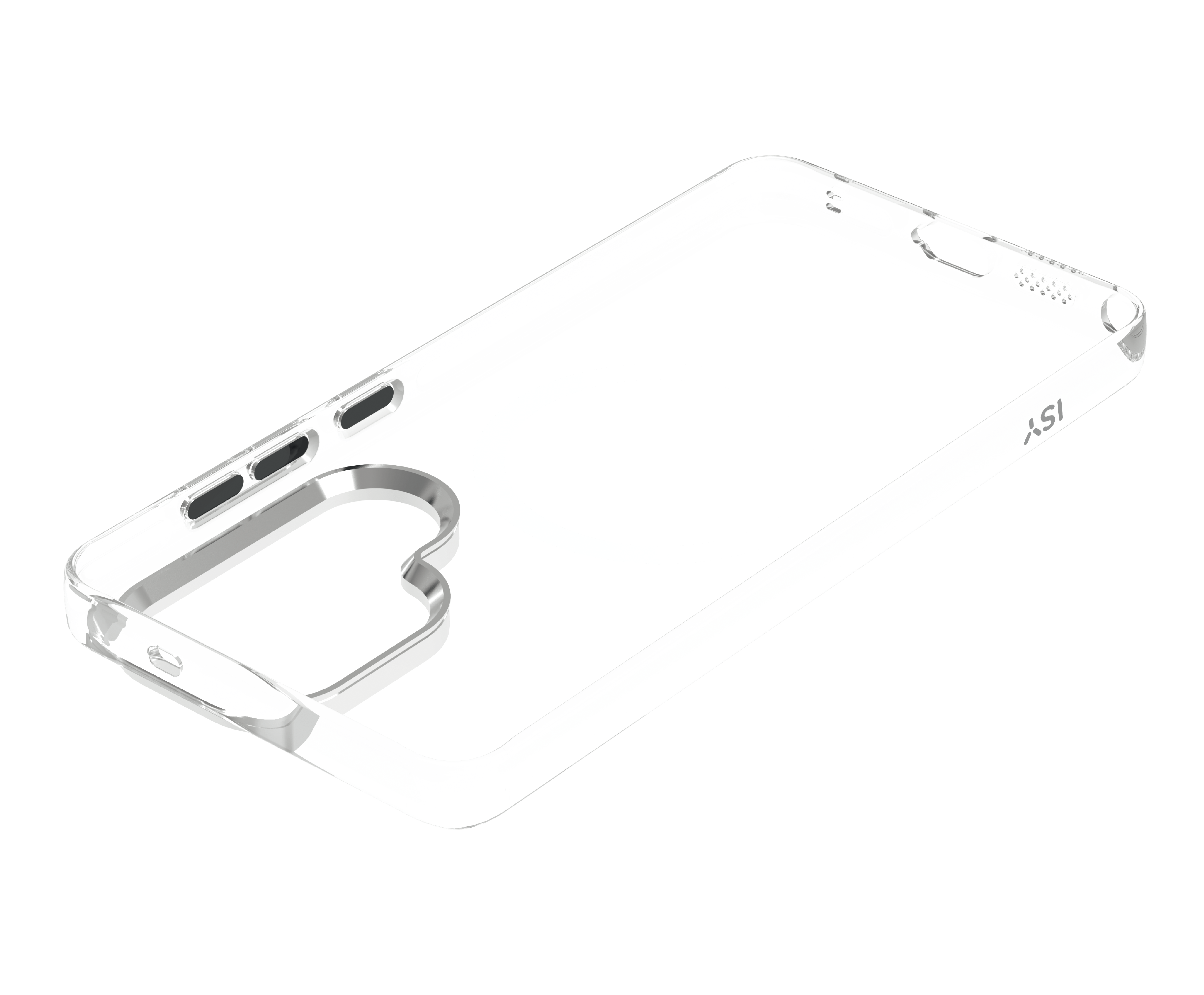 Transparente Handyhülle mit weißem Ring für MagSafe, auf schwarzem Hintergrund.