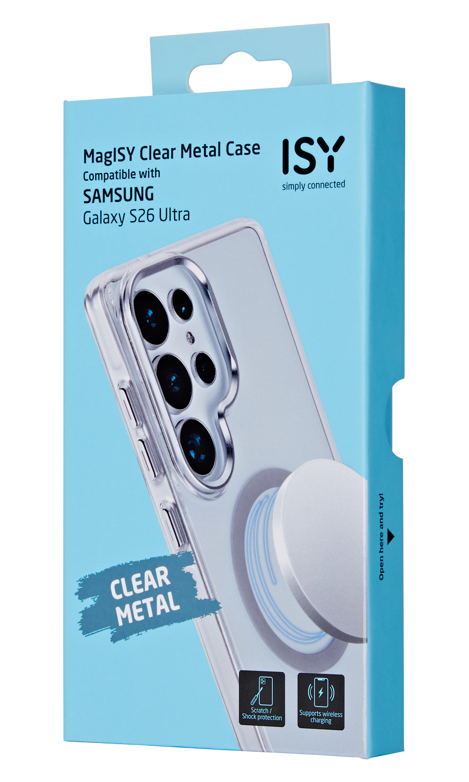 Verpackung einer MagISY Klarsicht-Metallhülle für Samsung Galaxy S26 Ultra.
