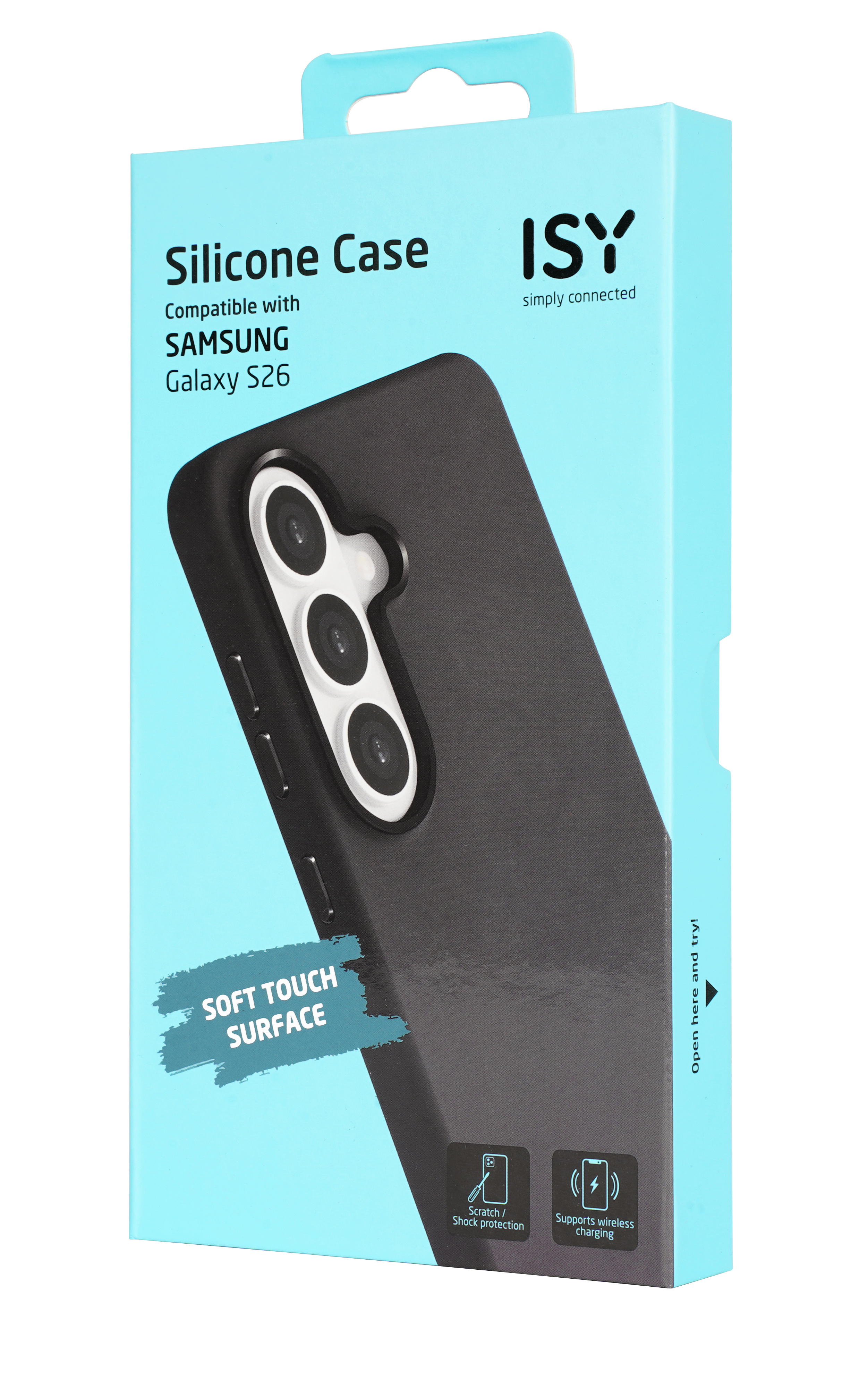 Schwarze Handyhülle für Samsung Galaxy S26 auf hellblauem Karton.