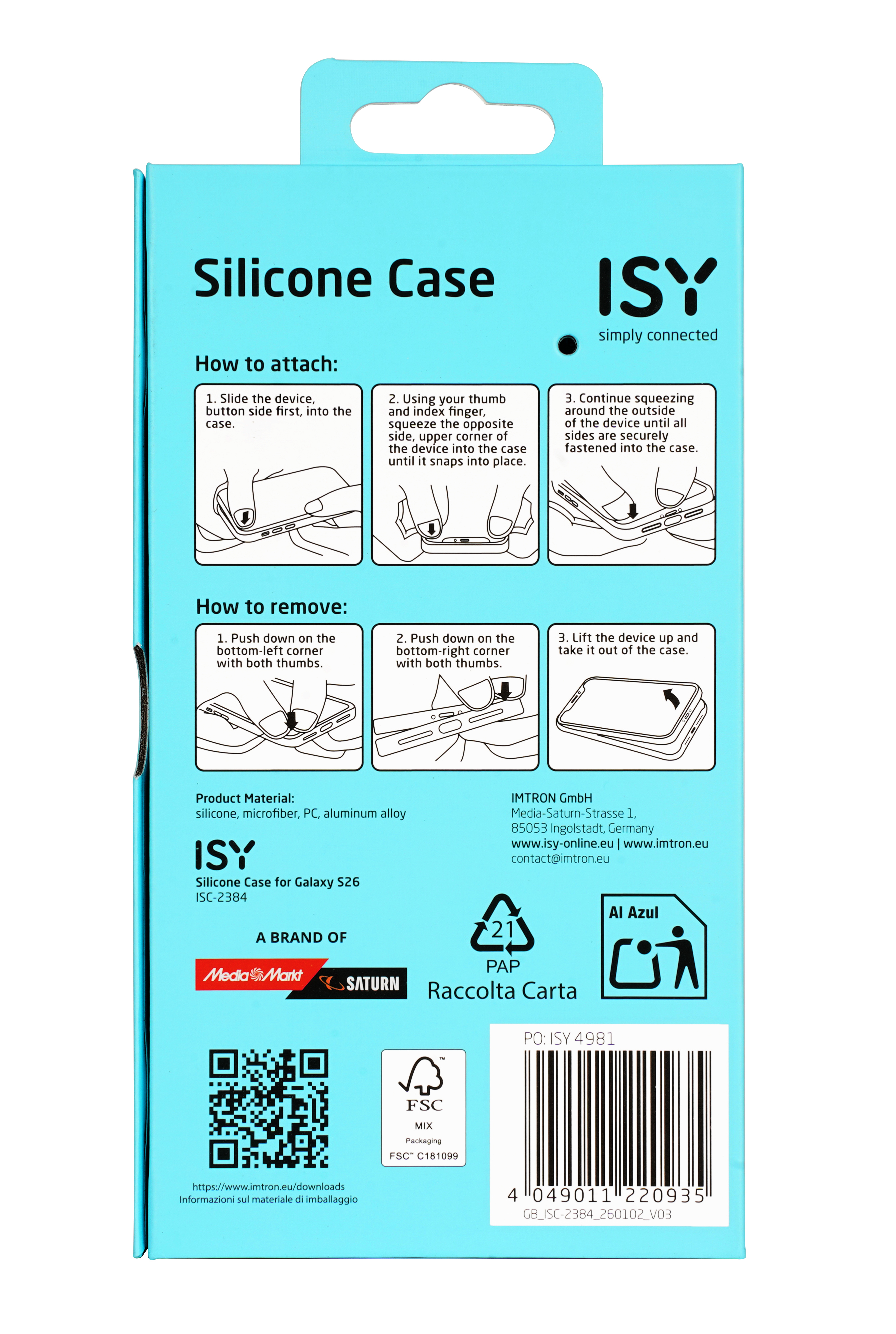 Verpackung für ISY Silikonhülle für Galaxy S26 mit Anleitungen.