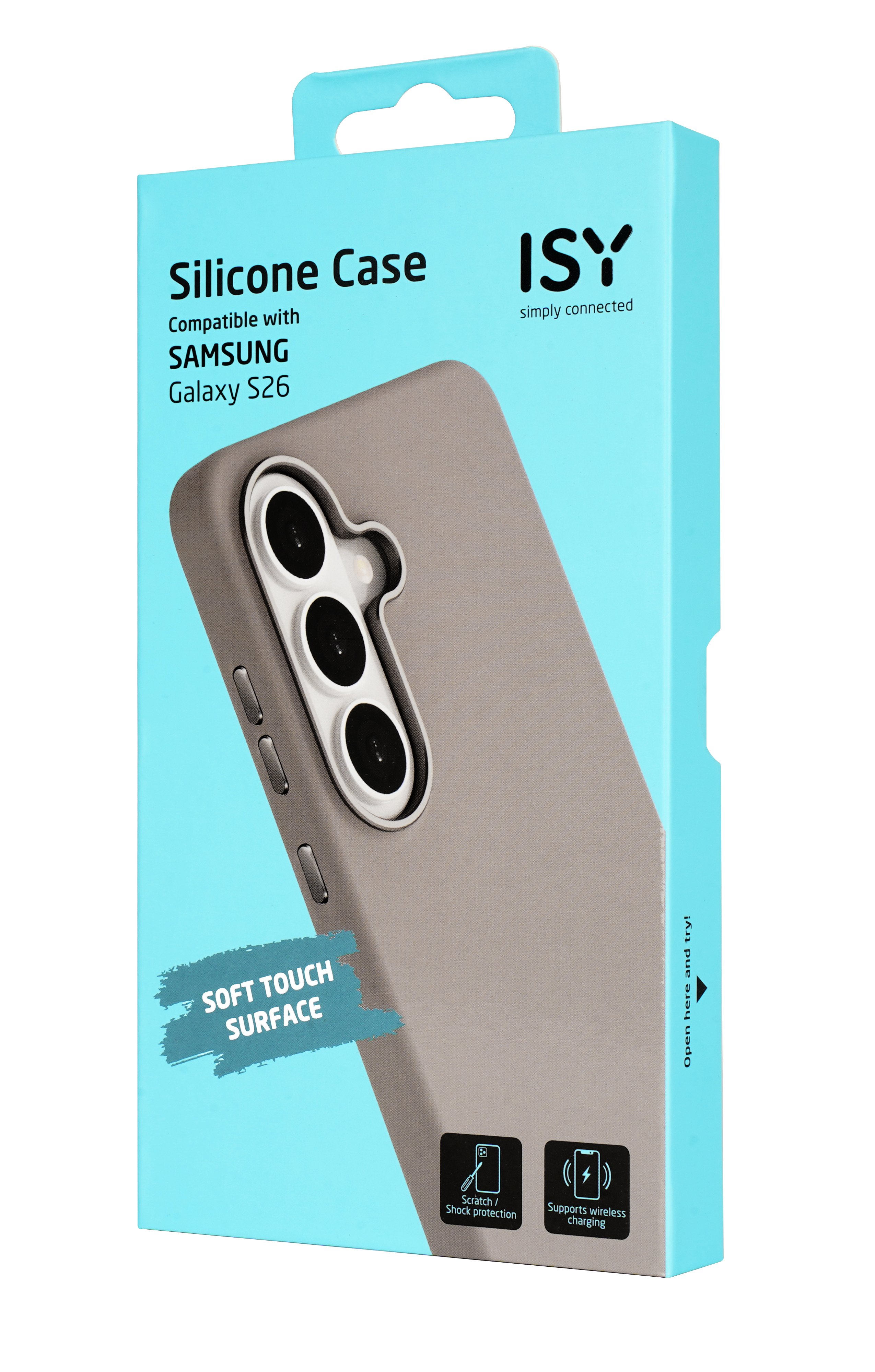 Verpackung einer grauen Silikonhülle für Samsung Galaxy S26.