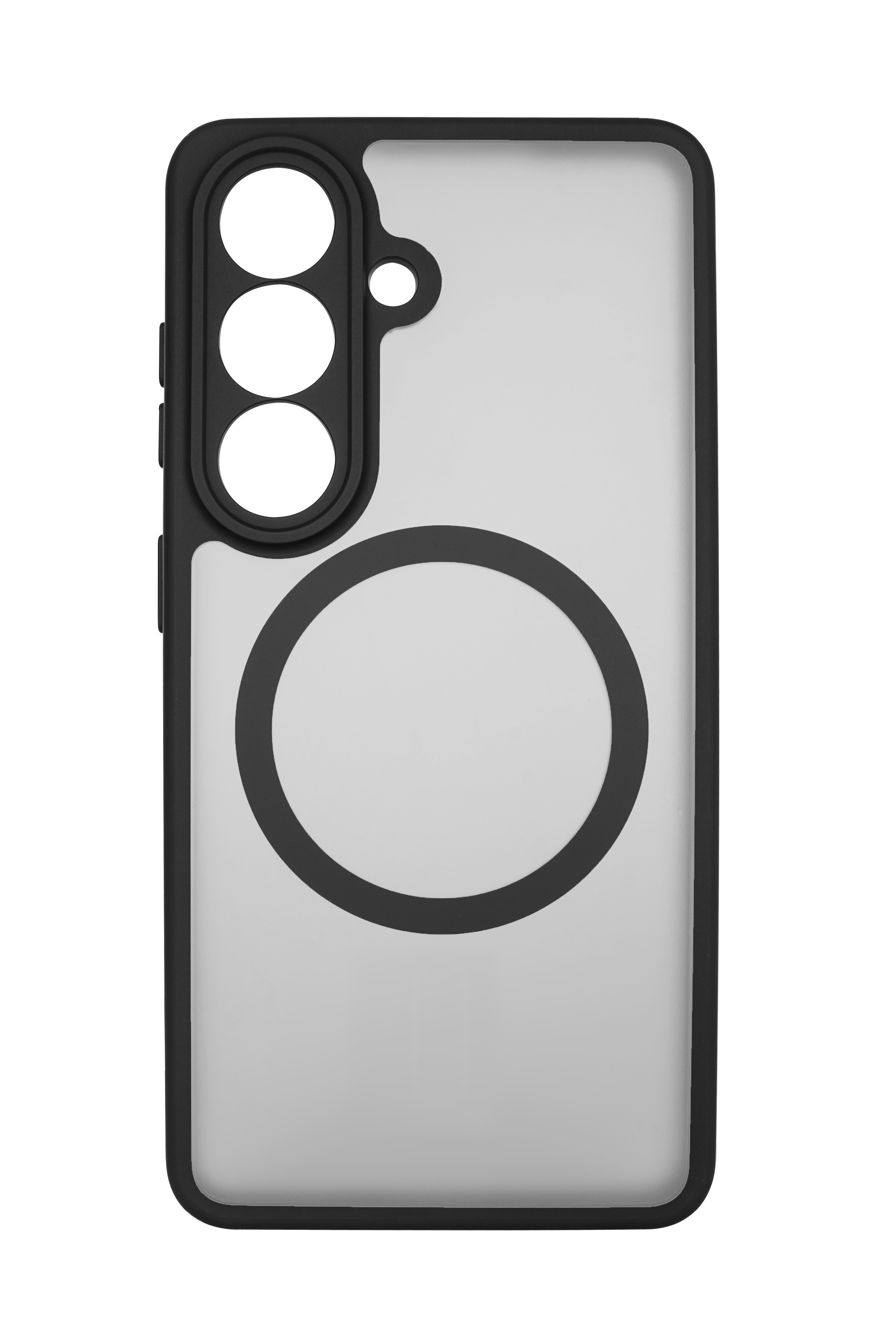 Schwarzer Handyhülle mit transparentem Rückenteil und Kreisdesign.