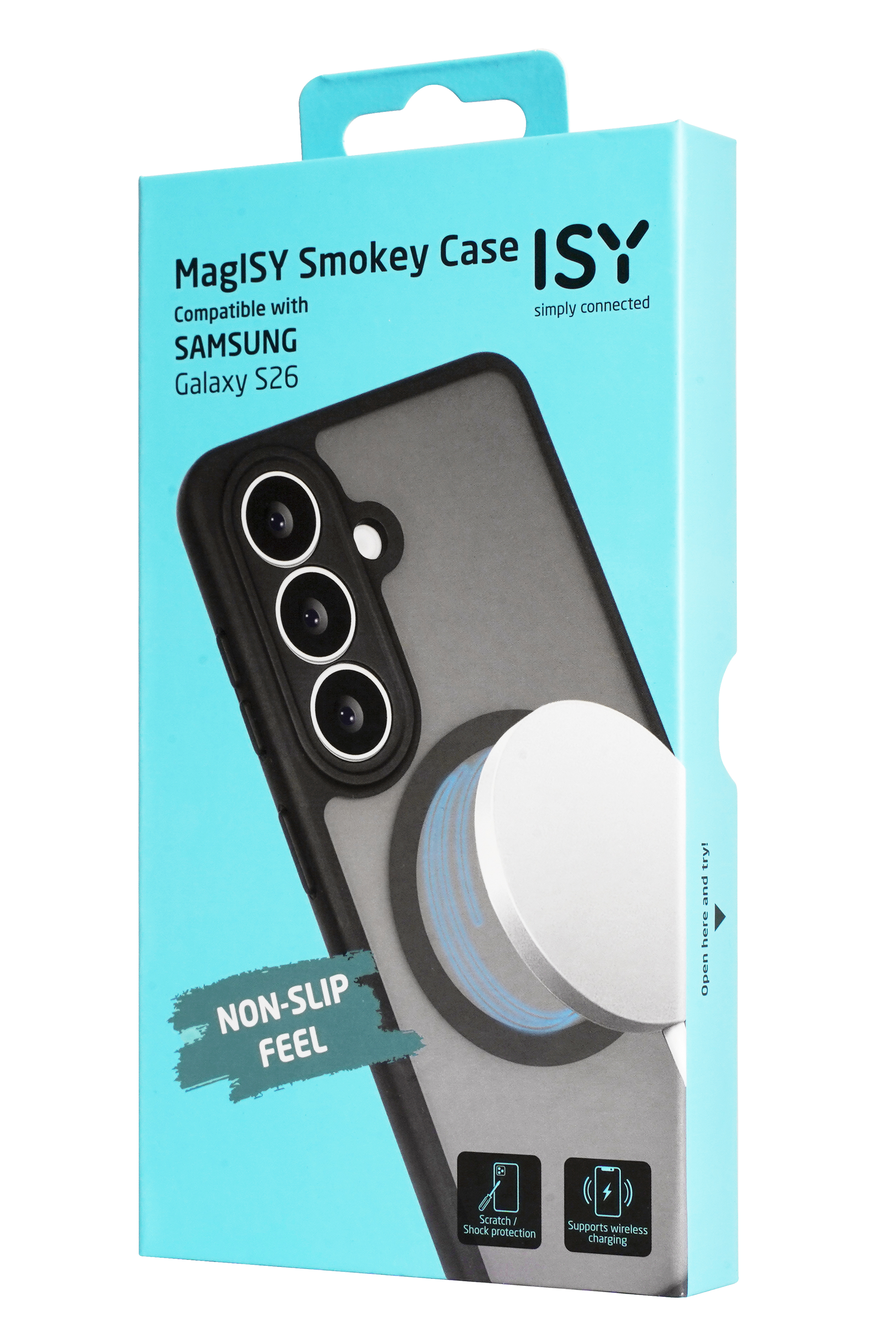 Verpackung für eine Samsung Galaxy S26 Handyhülle mit MagISY-Logo.