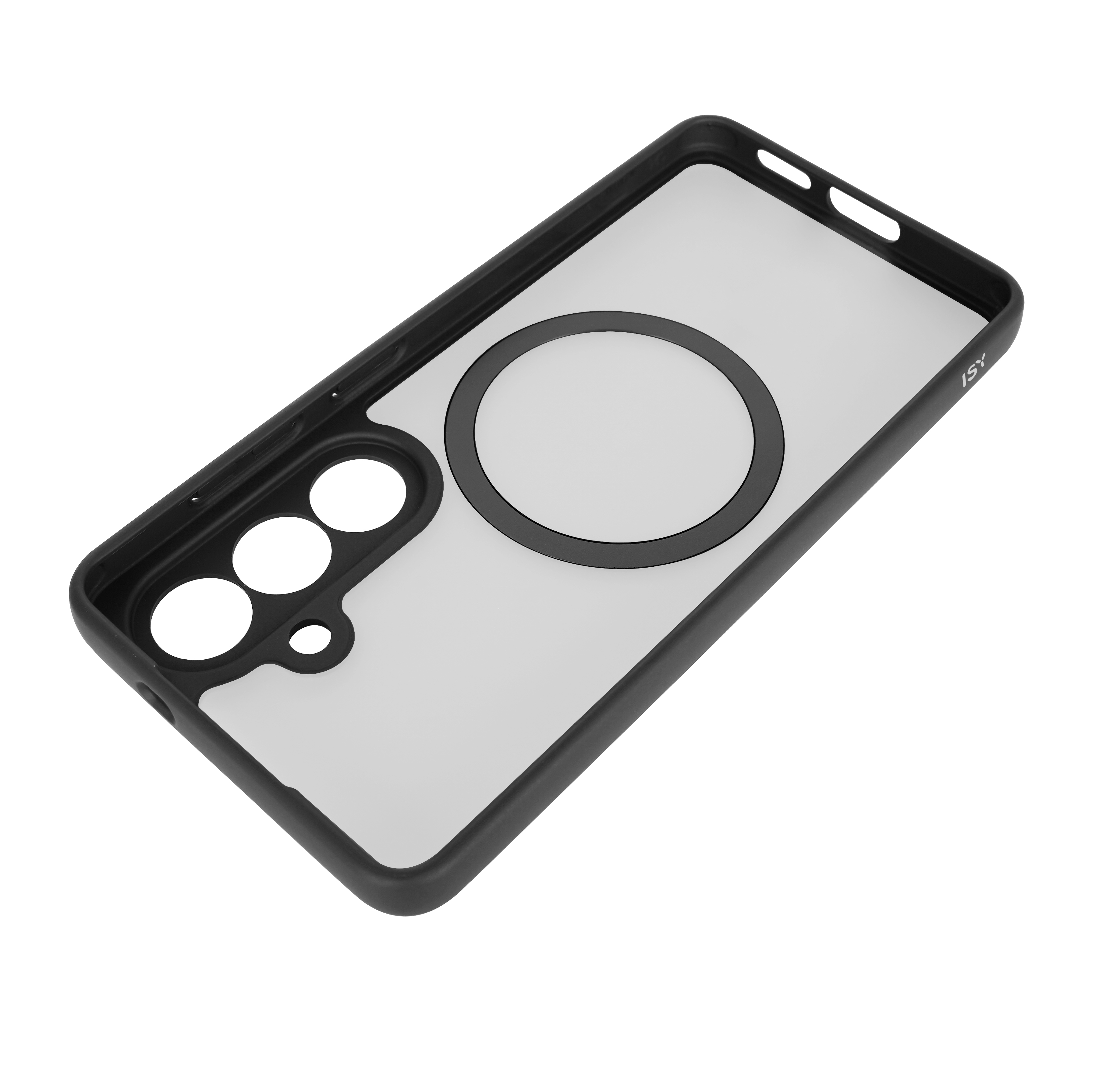 Schwarze Handyhülle mit transparentem Rückenteil und Magnetring.