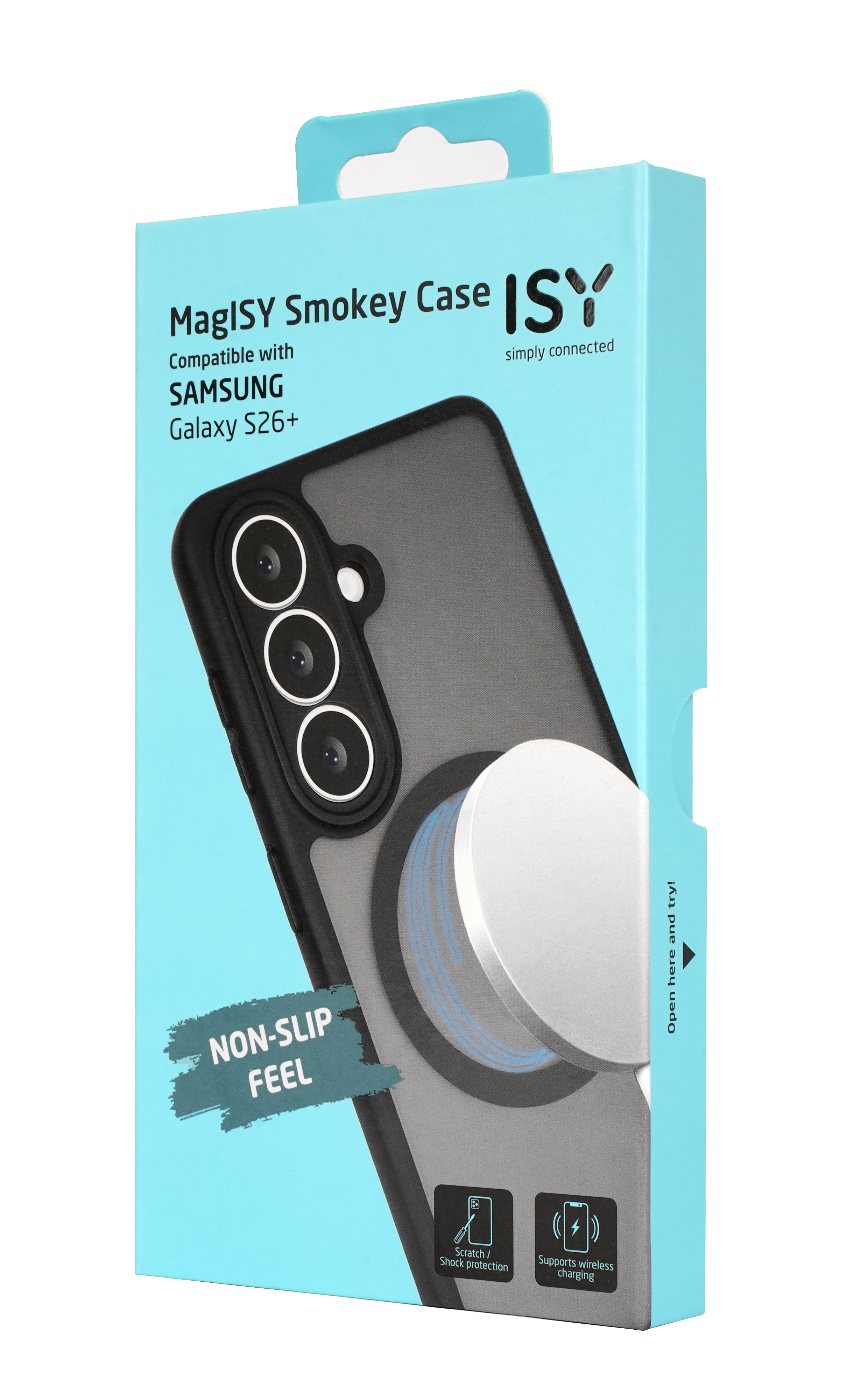 Verpackung für eine Samsung Galaxy S26+ Handyhülle mit MagISY-Technologie.