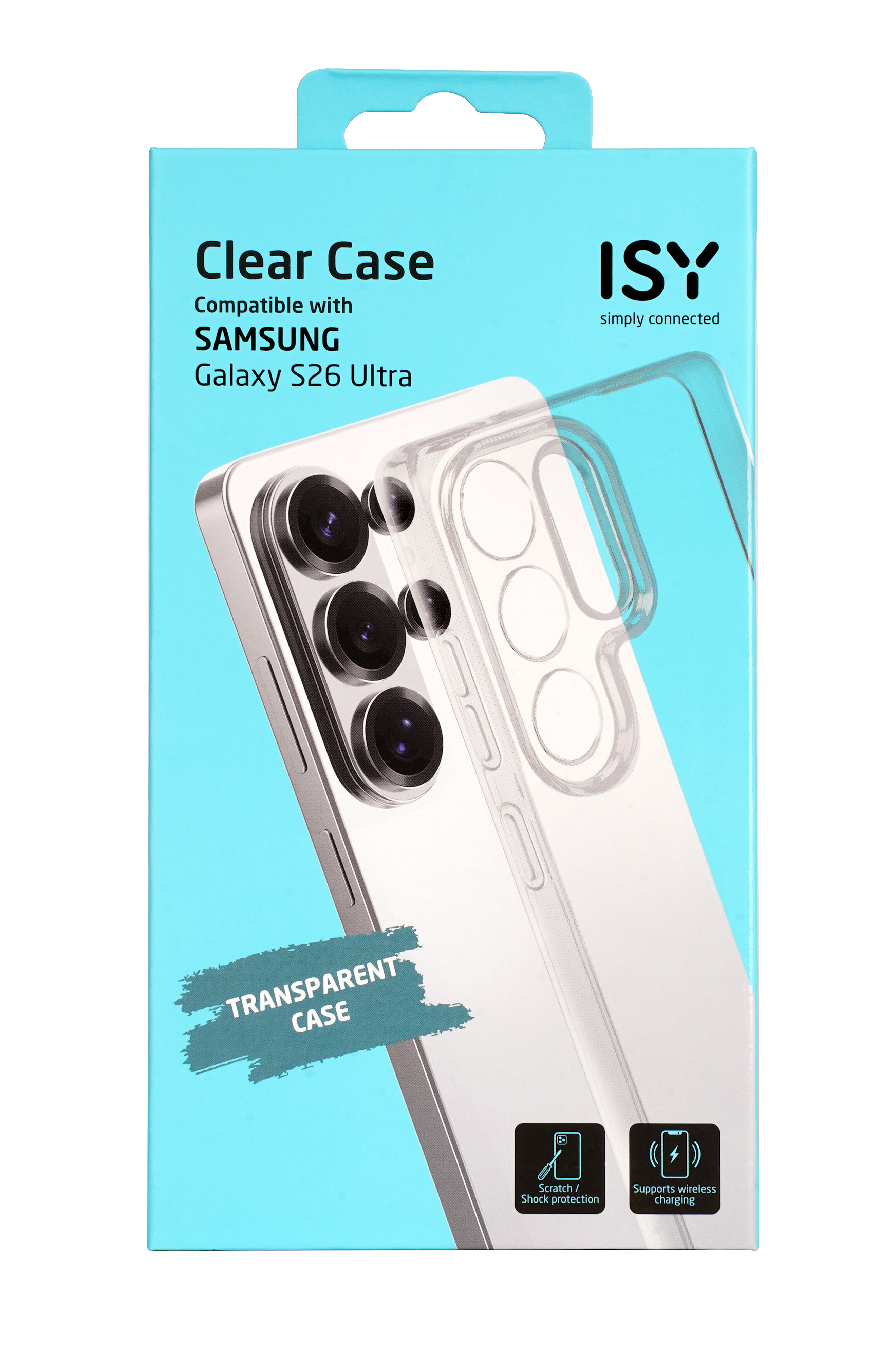 Verpackung für eine ISY klare Hülle für Samsung Galaxy S26 Ultra.
