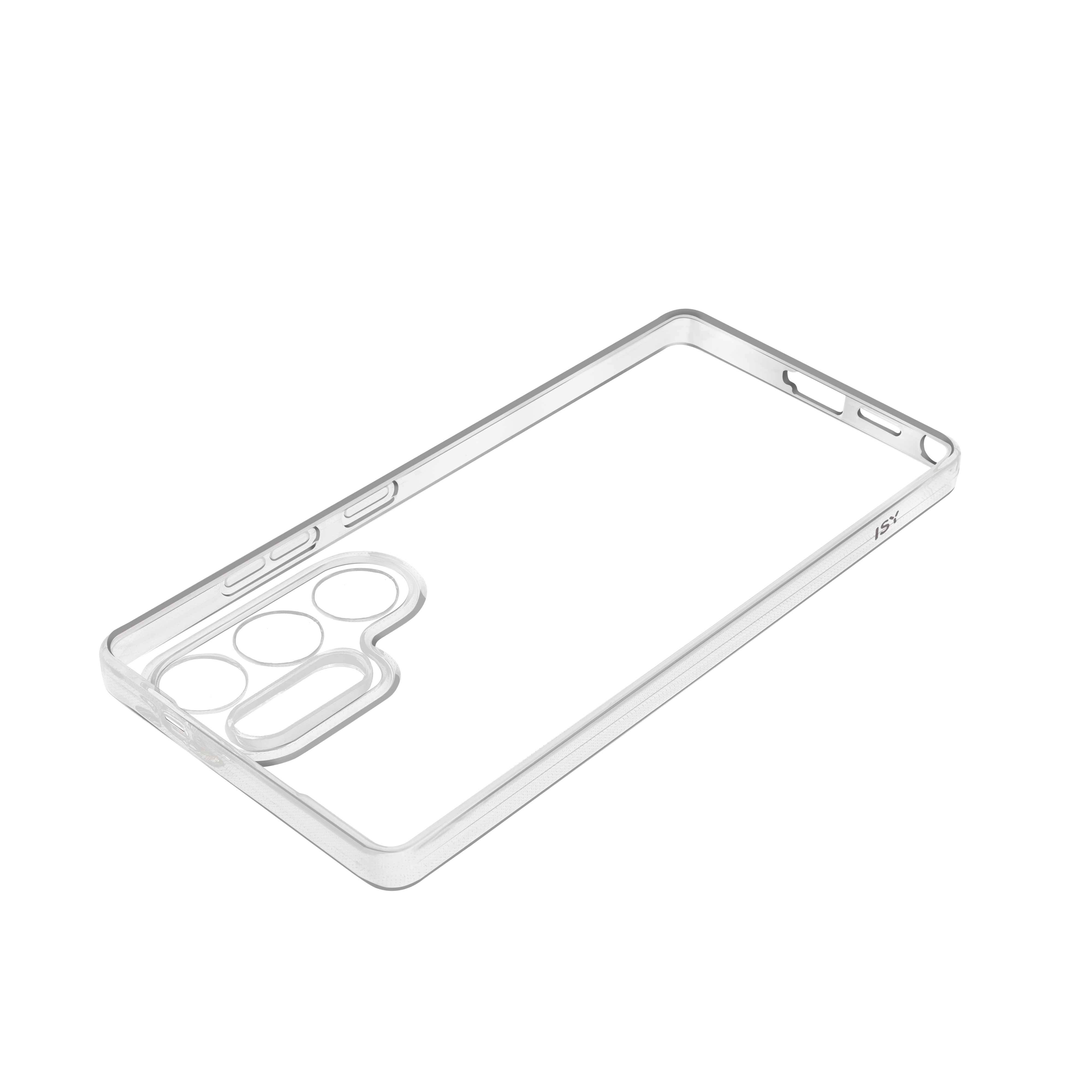 Transparente Handyhülle mit Ausschnitten für Kameras und Knöpfe.