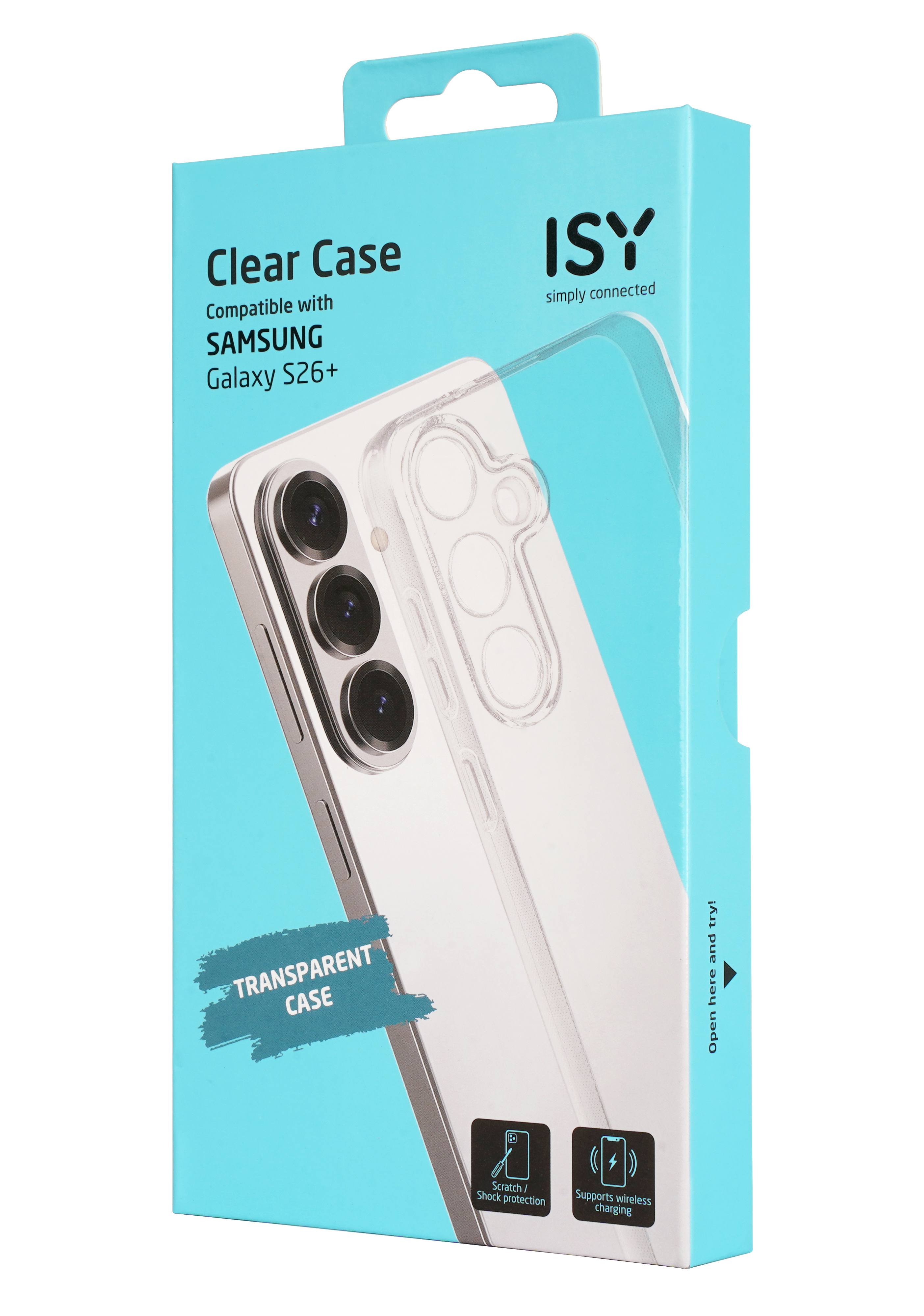 Verpackung für eine durchsichtige Handyhülle, kompatibel mit Samsung Galaxy S26+.