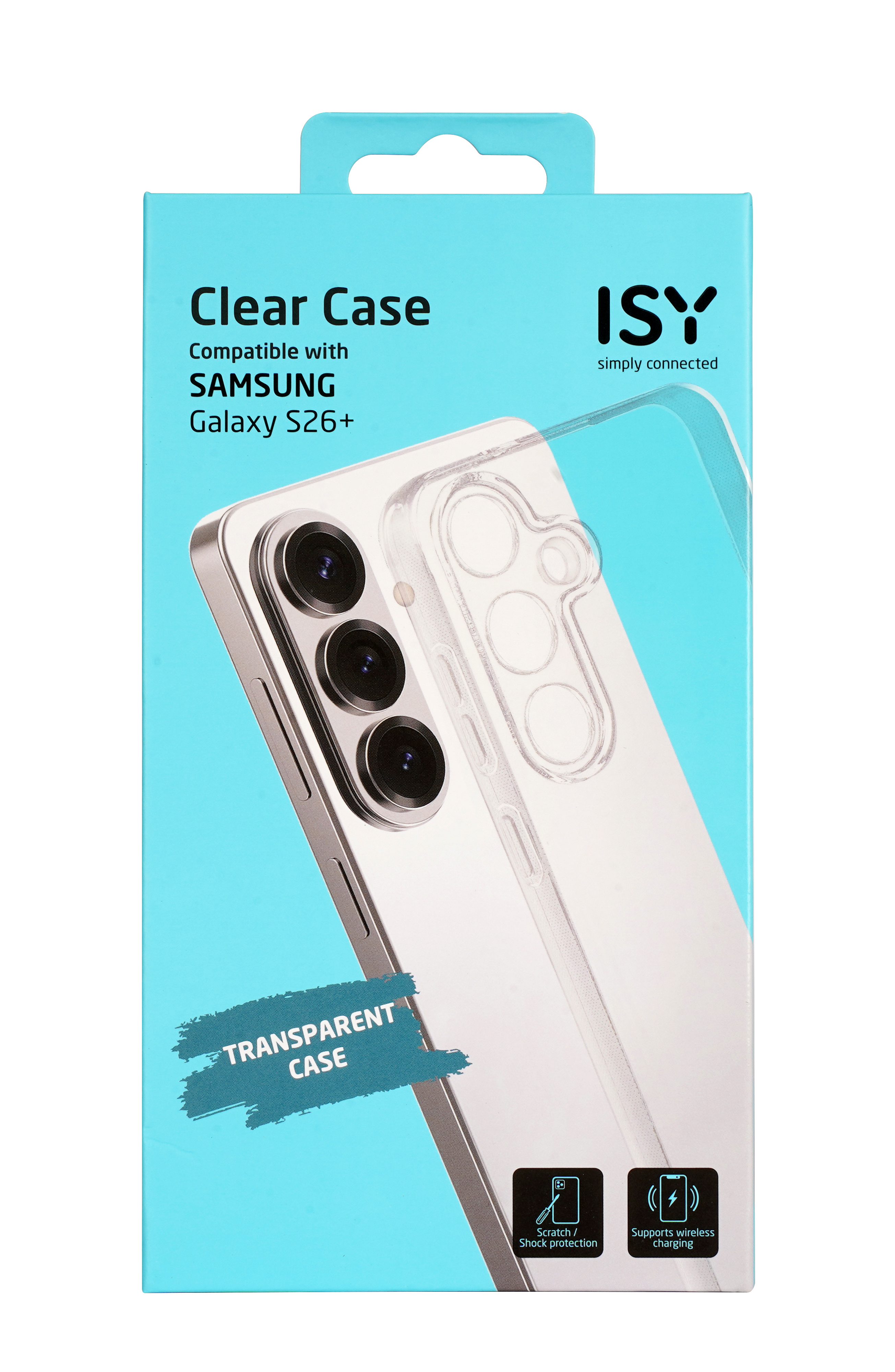 Verpackung für eine transparente Hülle für Samsung Galaxy S26+.