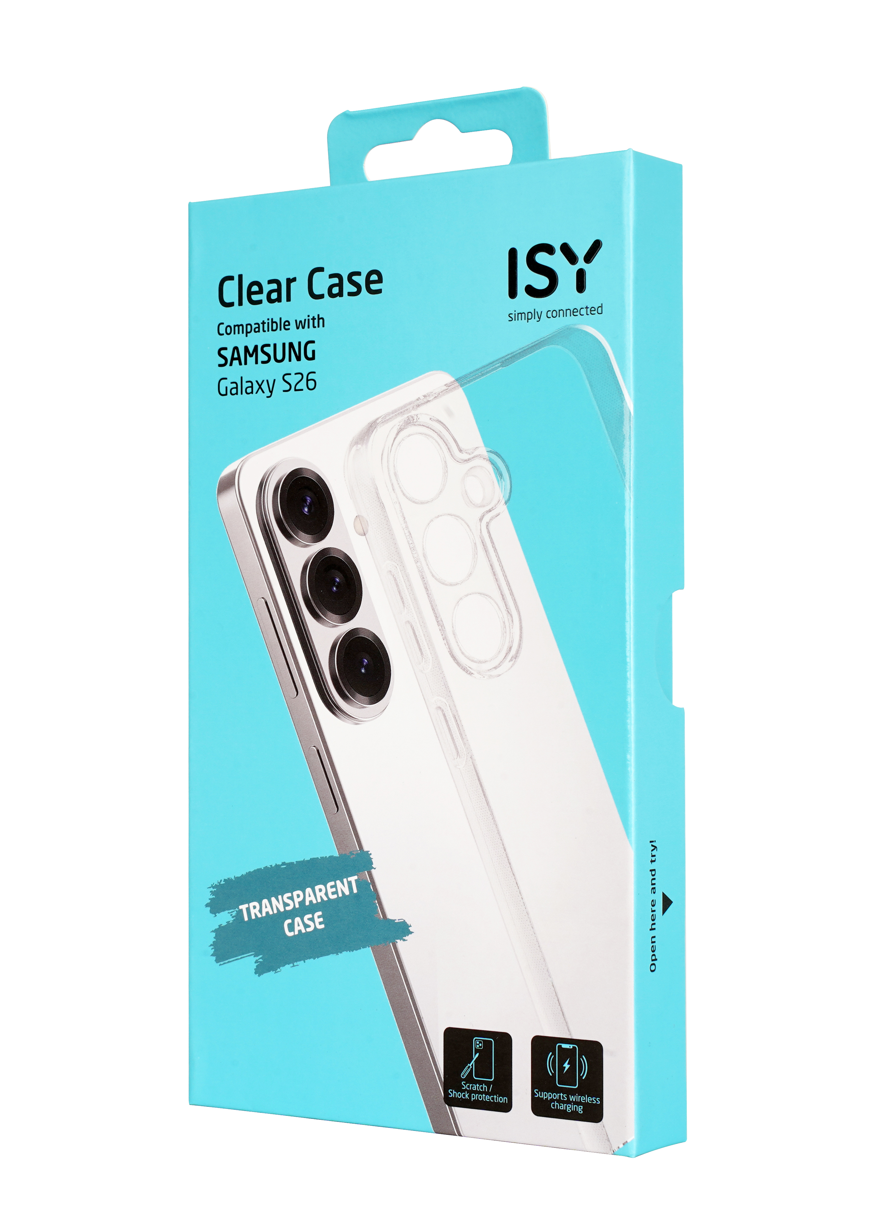 Verpackung für eine transparente Hülle für Samsung Galaxy S26.