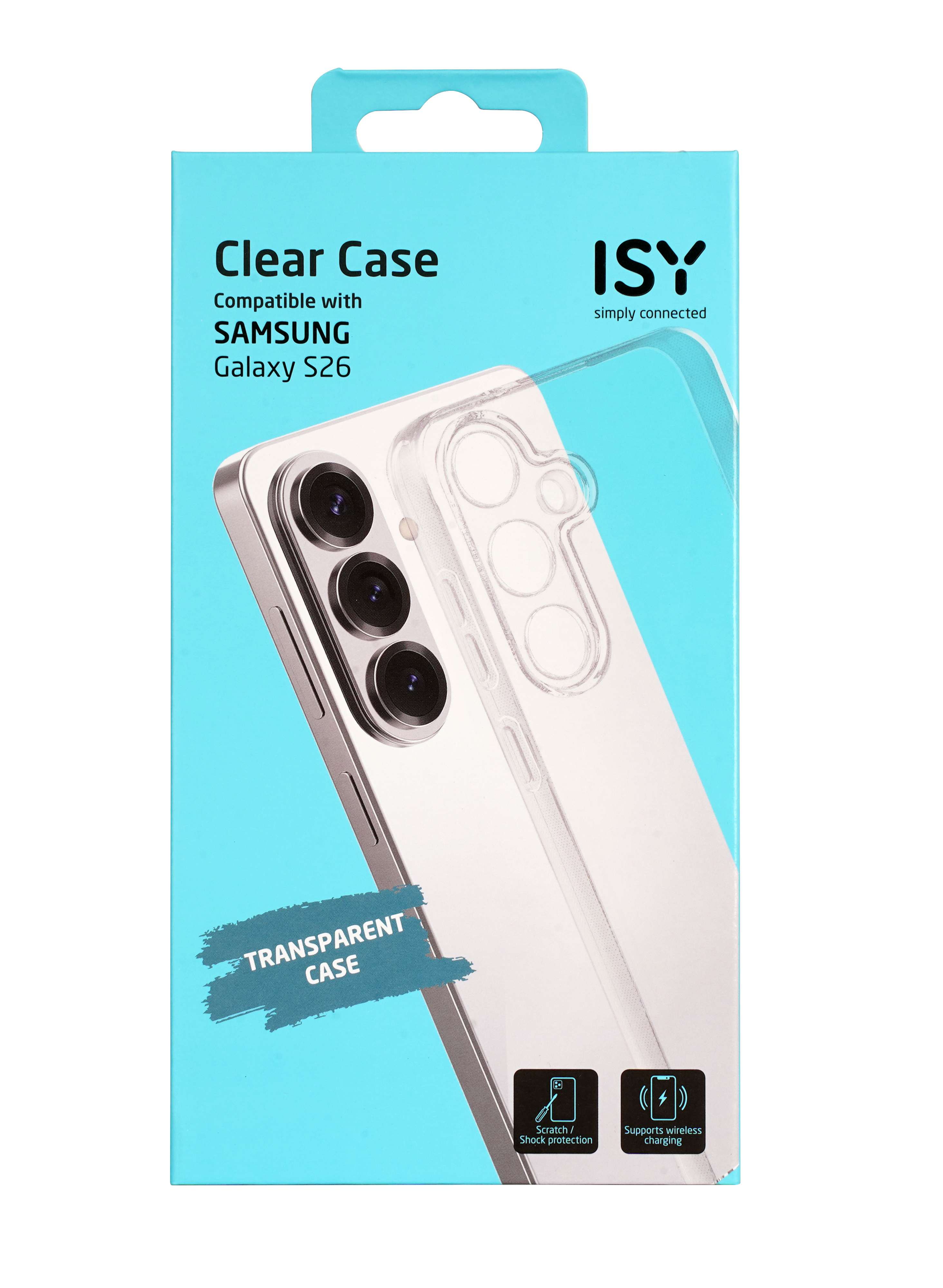 Verpackung für eine transparente Handyhülle, kompatibel mit Samsung Galaxy S26.